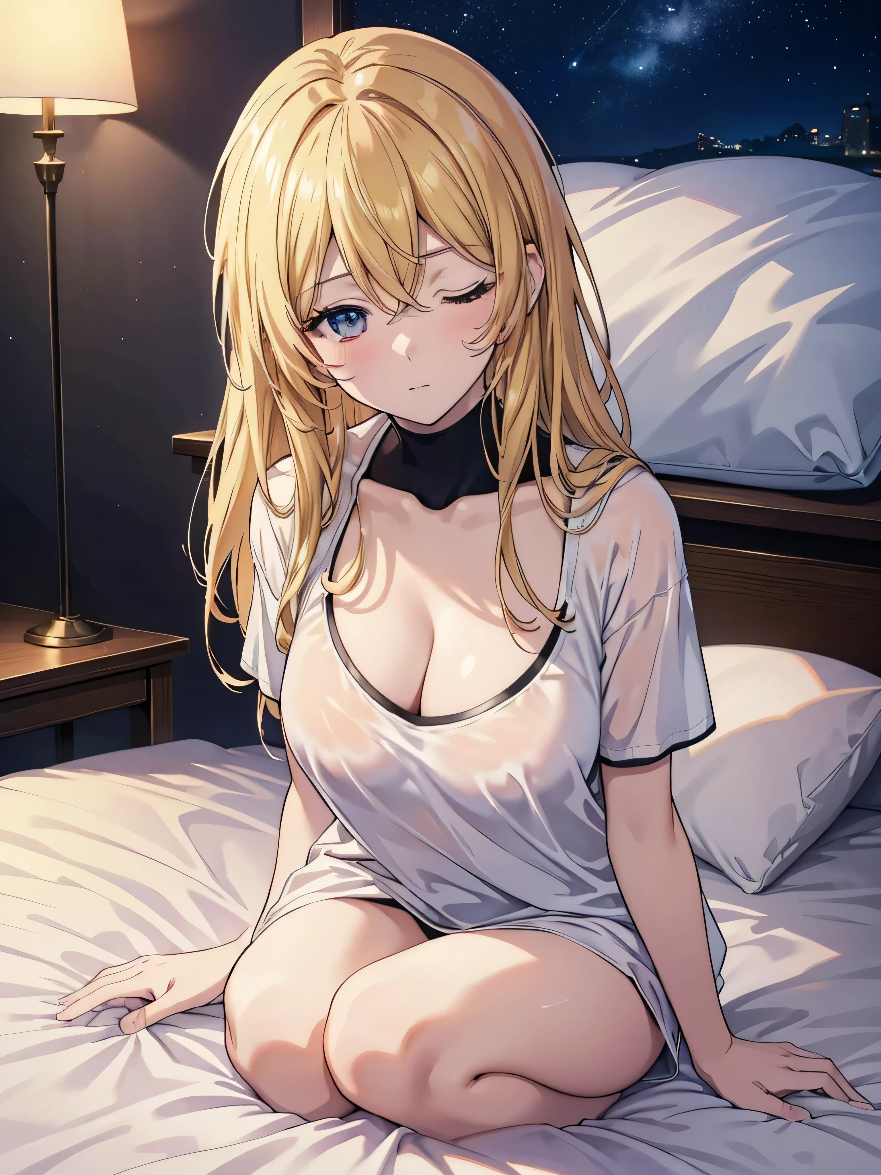 windows,romantic starry sky,Sleeping with both eyes closed,A meteor crosses,T-shirt,Black string underwear,sleeping in bed,night,moonlight,Sleep with your head on the pillow,Sleeping lying on your back in bed,dark room, barefoot break indoors,Bedroom, break (masterpiece:1.2), masterpiece, best quality, ultra detailed, ultra high res, photorealistic, 8k, highest quality, masterpiece, best image quality, Super detailed, ultra high resolution, Photo-realistic depiction, anime, comics, Milonghair, blonde, girl, alone, Highly detailed art buds, official artwork, shiny skin, shiny skin, professional lighting, Slender figure, body gloss, pink cheek, Lying on white sheets, adult woman, big breasts