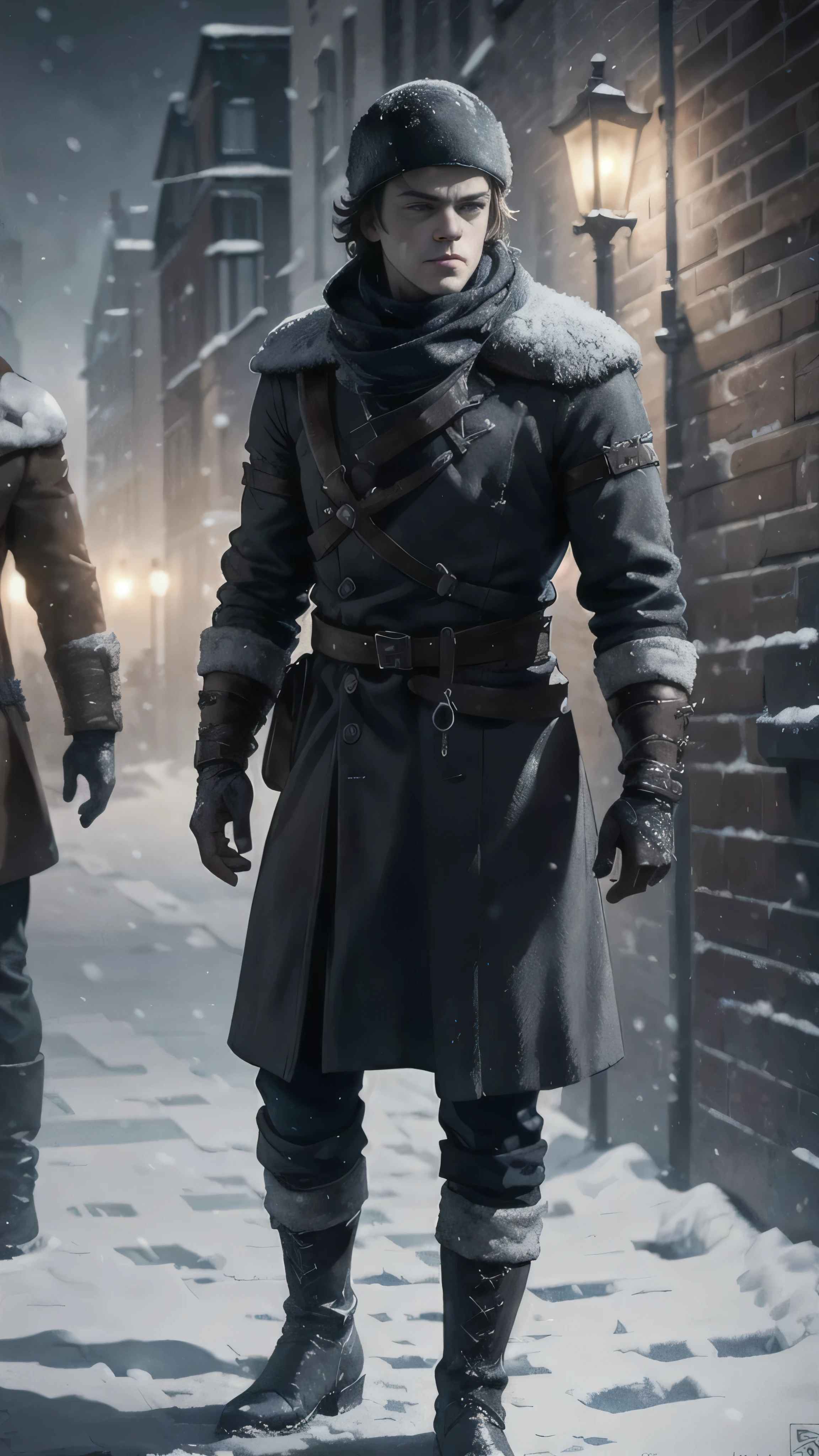 frostpunk, (Alfie Allen) as Theon Greyjoy, cap, coat, boots, (winter street), snow, 1man, solo, beautiful detailed glow, detailed, cinematic light, intricate detail, realistic, highres, detailed facial features, high detail, sharp focus, smooth, aesthetic, extremely detailed, stamp, octane render