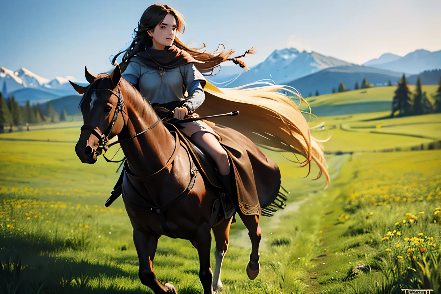 a girl with long, braided hair in a traveler's clothes rides a horse through a meadow, fantasy medieval RPG