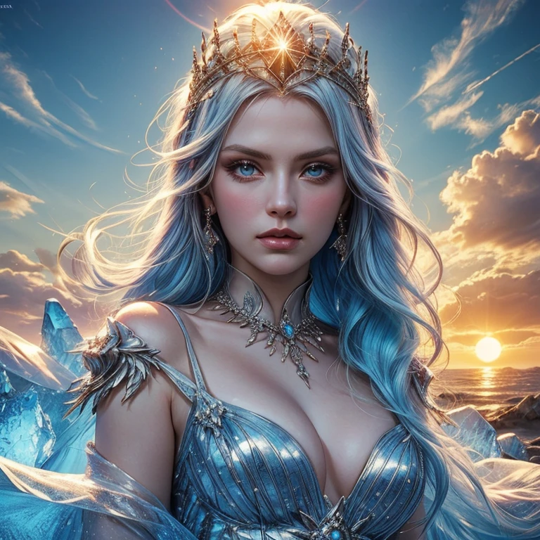 realistic photograph of an ice queen in a kingdom with the sun in the background, high definition, rich in details, UHD