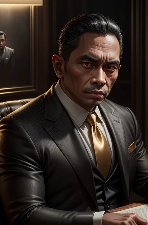 beautiful oil matte portrait painting, mafia boss at his 30s new york office desk, indonesian man, wonderful masterpiece highly detailed, beautiful cinematic light deep focus, elegant, digital painting, smooth, sharp focus, golden ratio, dramatic illumination, ultra realistic, 8k, art by jimmy law,CEO