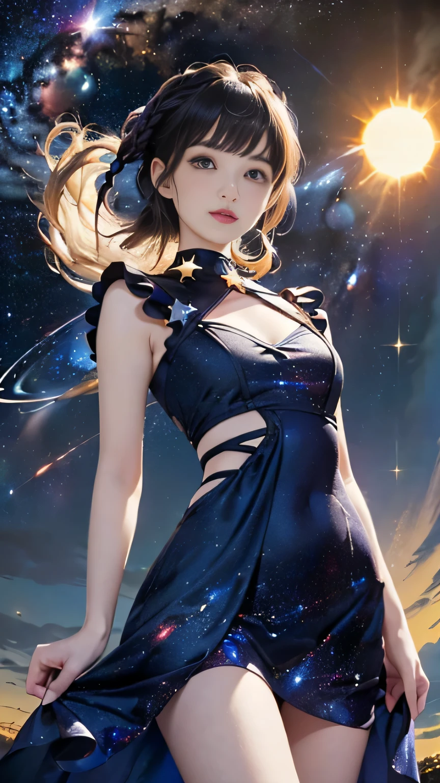 (tmasterpiece, top-quality, Best quality, offcial art, Beautiful and beautiful:1.2), (Girl in perfect shape:1.3), pale-skinned,Short hair detailicrovolumes,The content is very detailed,(s fractal art:1.2),Colorful,The most detailed,(tangled:1.2), (dynamicposes), (abstract backgrounds:1.5), (future world clothing:1.2), (stars shining bright:1.4),thigh high