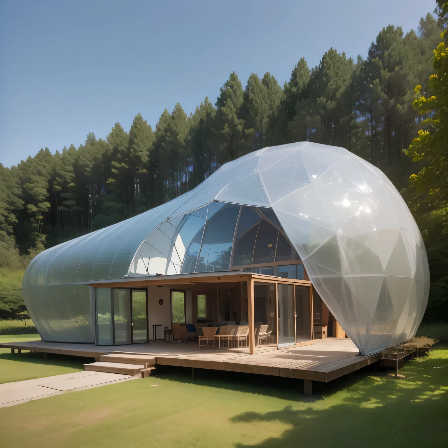 a large white dome sitting on top of a lush green field, domespace, ocean, norman foster style, Geodesic architecture, Inspired by Buckminster Fuller, Transparent film, dome, foster and partners, geodesic dome, Geodesic architecture, geodesic domes, domes, futuristic dome, tent architecture, glass dome