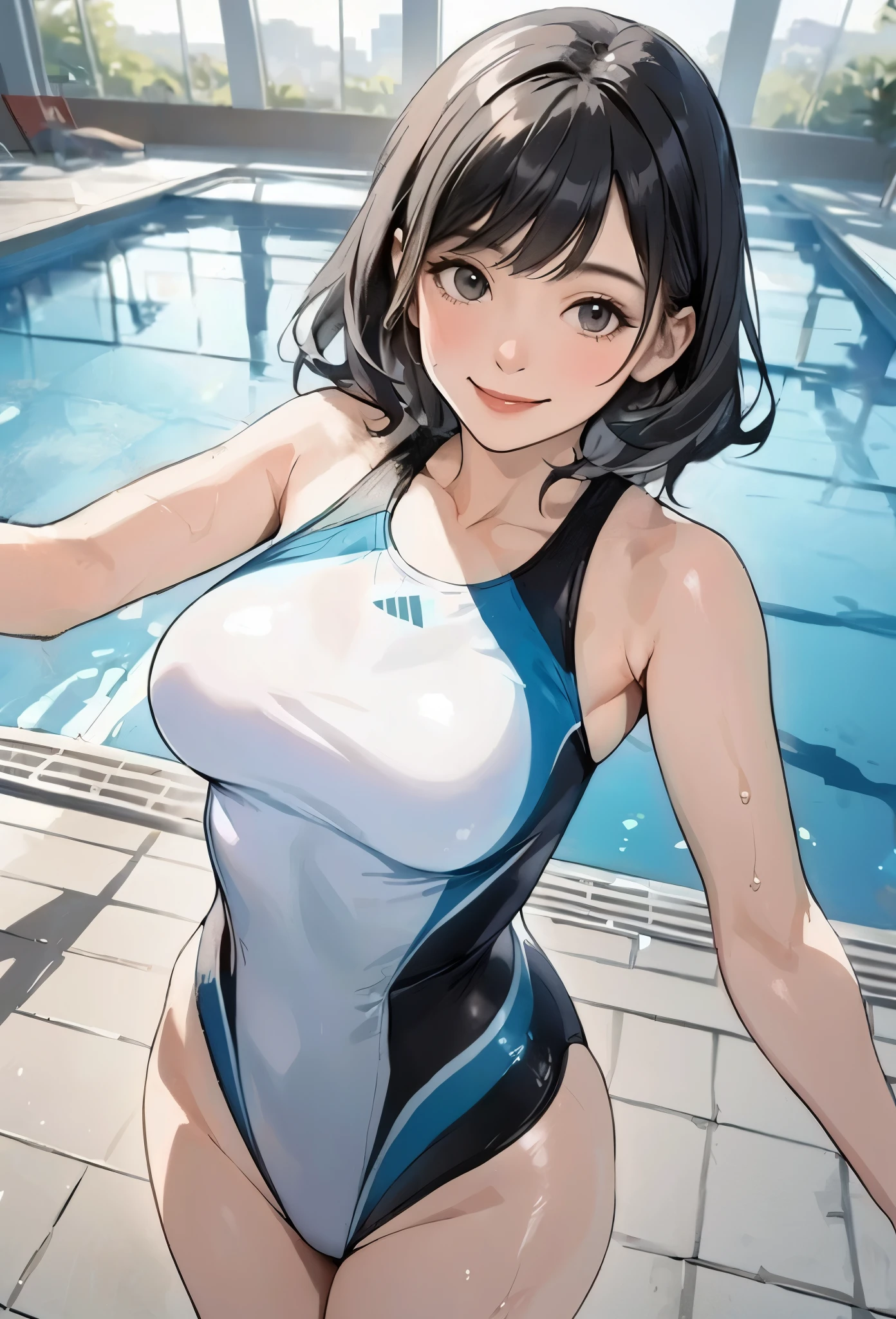 1lady solo, standing on poolside floor, (competition swimsuit:1.2) stylish, ( female:0.8), /(light black hair/) bangs, kind smile, (masterpiece best quality:1.2) delicate illustration, medium breasttle:0.8) BREAK (swimming pool) indoors, detailed background