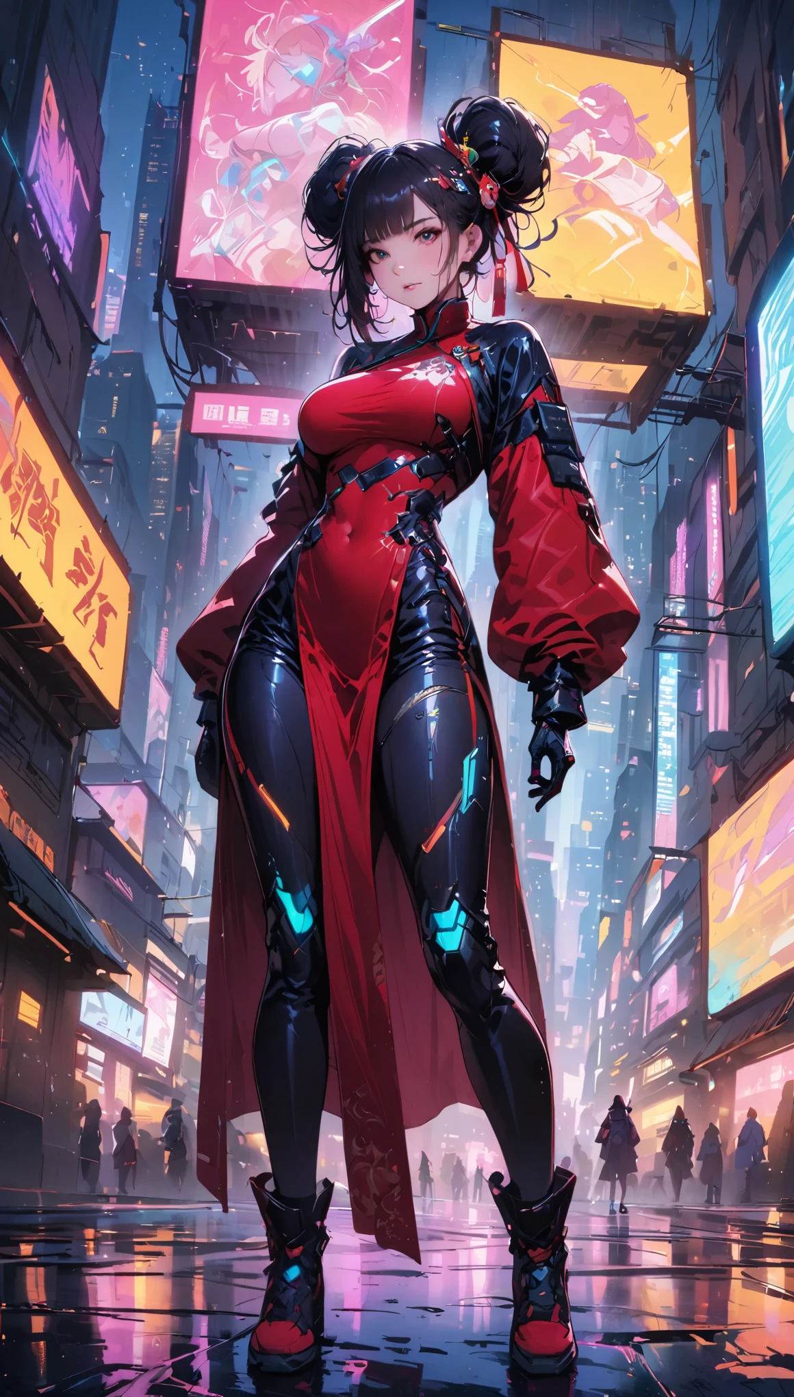 (best quality,4k,highres,masterpiece:1.2),ultra-detailed,(realistic:1.37), Sexy,A girl Chinese costume cyberpunk, (cyberpunk,Chinese clothing,cybernetic implants),looking at camera,hair accessories, bright colors,neon lights,glowing city skyline,Fashion clothing and shoes of the future,A combination of traditional and modern elements,Avant-garde makeup,beautiful breasts,colored inner hair, gradient hair, double bun,Sexual innuendo,confidence and determination,city environment,Metallic feeling,Mechanical armor, Gorgeous accessories,High-tech products,Impressive cybernetic enhancements,Clear focus,gnarly details, Overclocked rendering, Cinematic edge light, fine light, masterpiece, Super details, epic work, ultra high definition, high quality, 32k