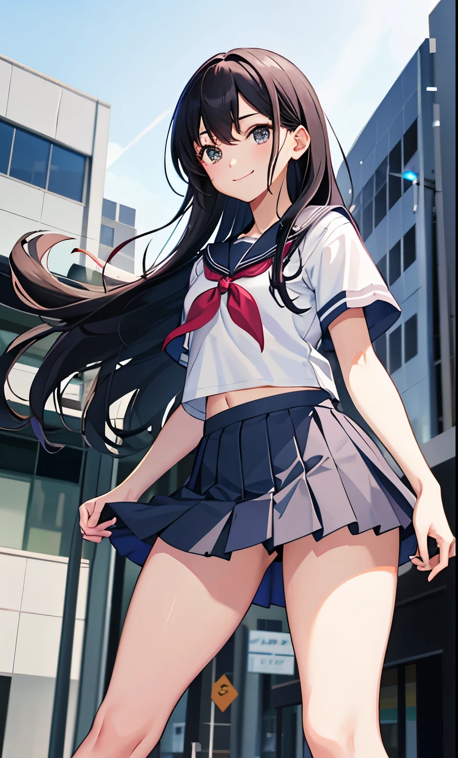 girl、smile、shirt、skirt、college uniform、Serafuku、(small breasts)、flat chest、cute crotch、movement、(small breasts)、18-year-old、