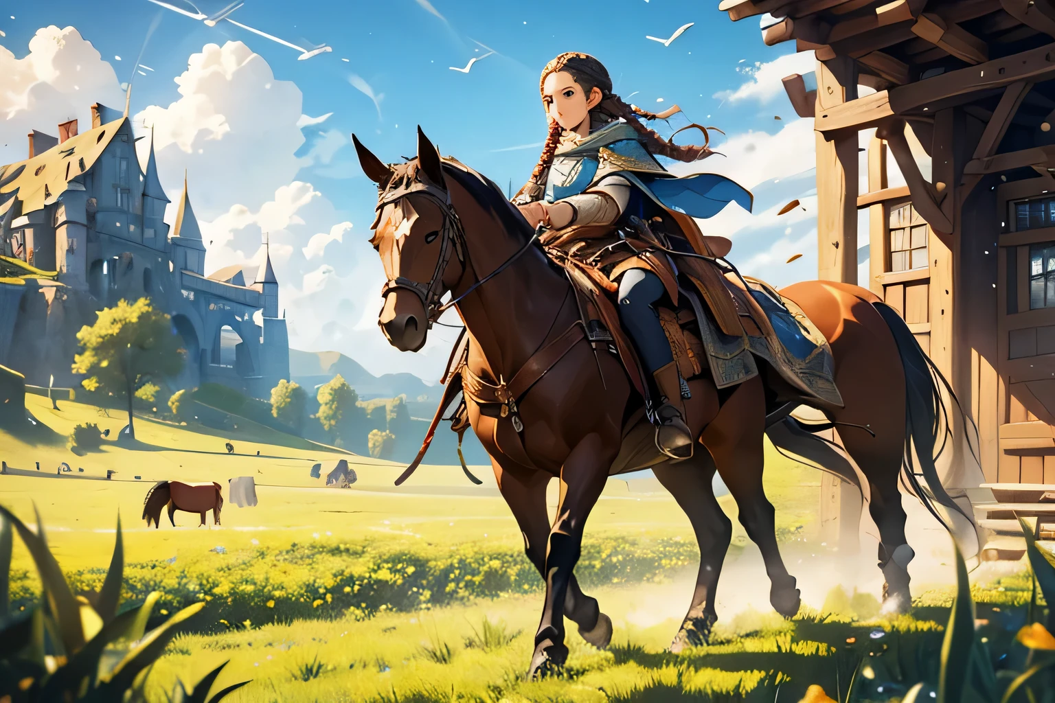 girl with long, braided hair in a traveler's clothes rides a horse through a meadow, fantasy medieval RPG