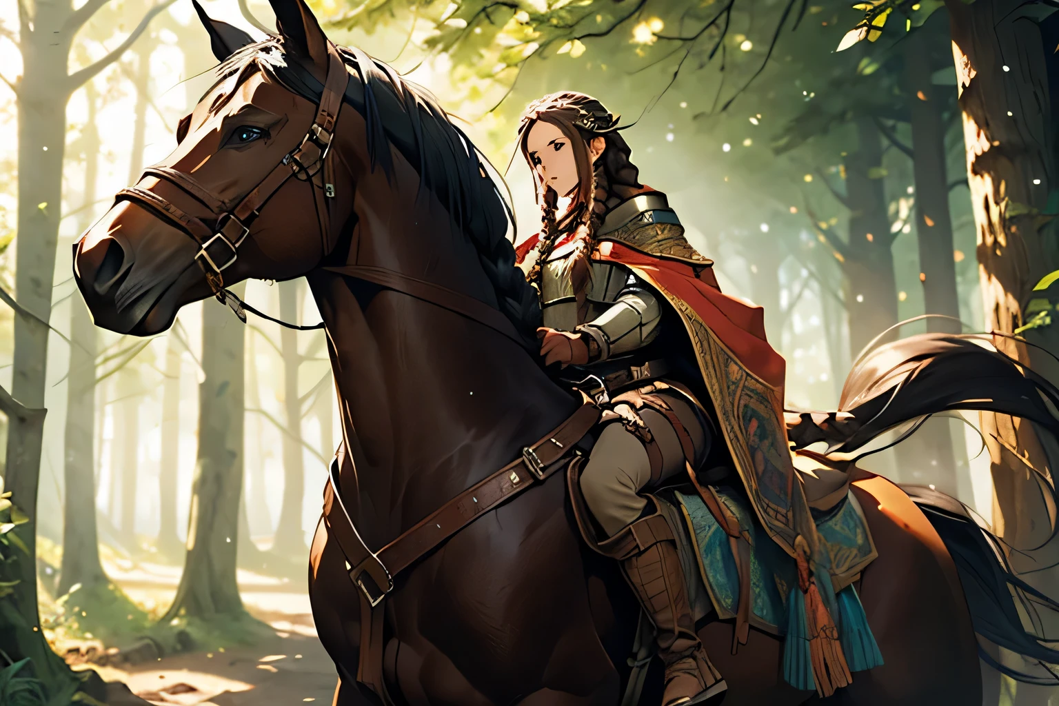 girl with long, braided hair in a traveler's clothes rides a horse through forest, fantasy medieval RPG

