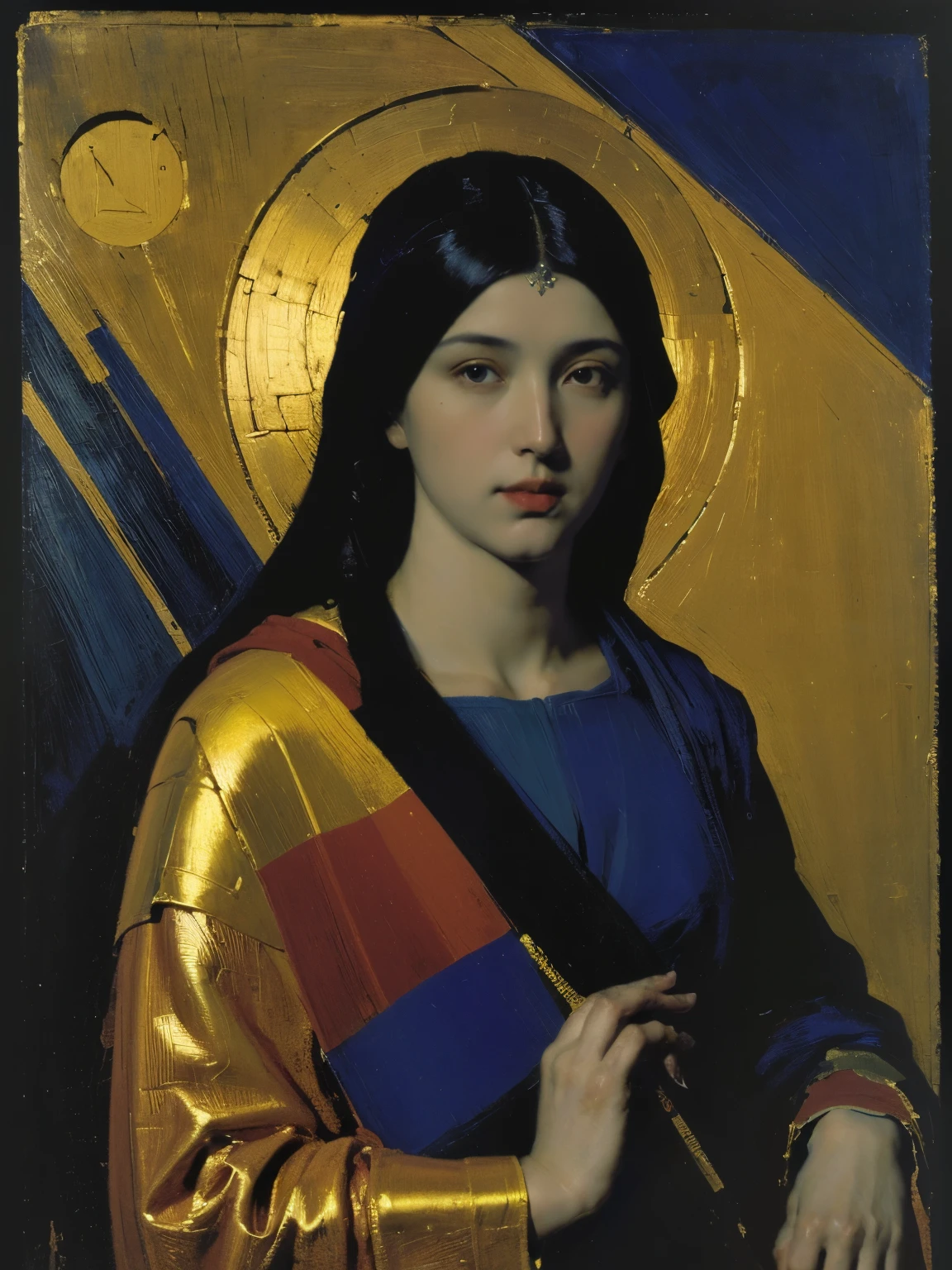 (masterpiece, top quality, best quality, official art, beautiful and aesthetic:1.2), ((byzantine art engraving icon plaque with greek orthodox female saint)), extreme detailed, (fractal art:1.3), colorful, highest detailed chiaroscuro technique, hyperrealistic, ((by Andrey Remnev and Yamagata Hiro)), 8 k