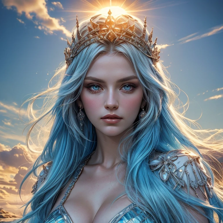 realistic photograph of an ice queen in a kingdom with the sun in the background, high definition, rich in details, UHD