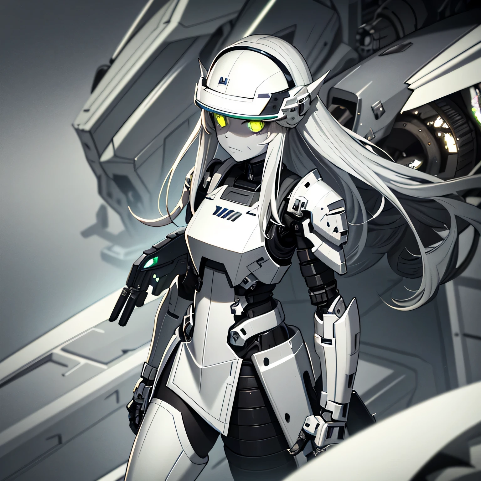 (Character sheet list), concept arts, knee length portrait, mechanized girl, steel colored skin, gray skin, mechanical skin, white gradient eyes, white visor, iron visor, long hair, (messy hair), bare shoulders, iron thorns, dark industrial landscapes in pale green and gray steel lights, highly detailed art, many details