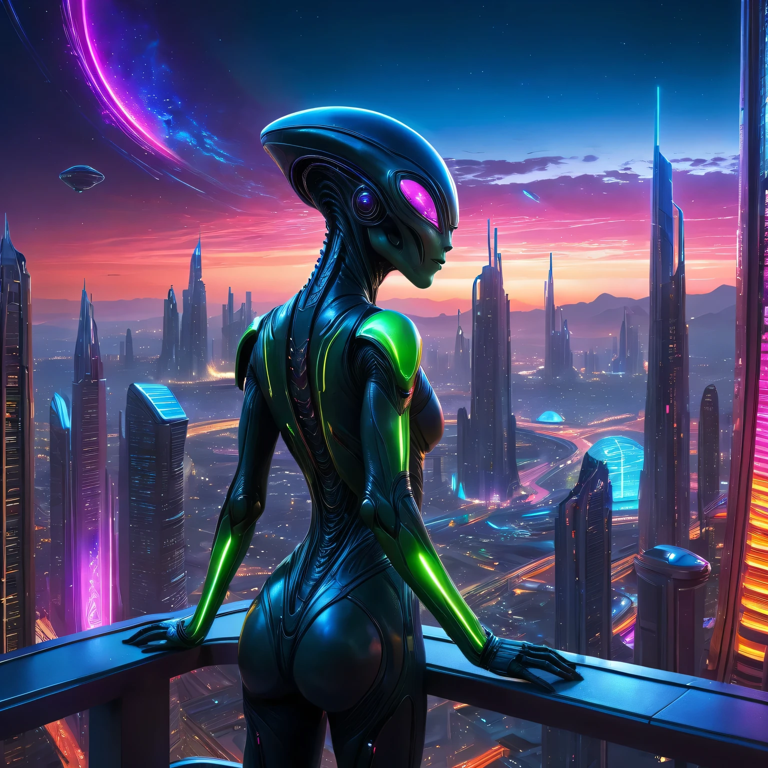 (best quality,4k,8k,highres,masterpiece:1.2),ultra-detailed,(realistic,photorealistic,photo-realistic:1.37),alien landscape,beautiful alien standing on a balcony,overlooking the futuristic alien city,futuristic buildings and glowing lights [sci-fi],vibrant colors,shining neon lights,towering skyscrapers,ethereal atmosphere,otherworldly feeling