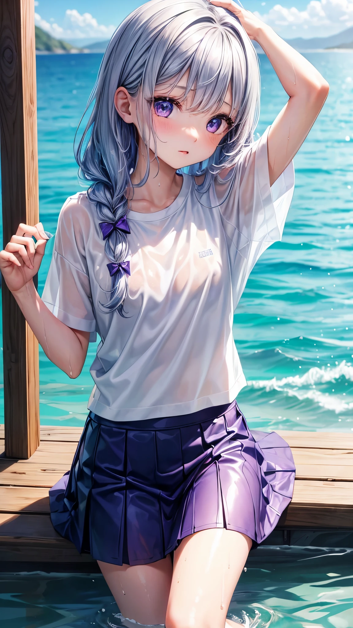 very cute 8 year old、girl、(wet white t-shirt、wet miniskirt、wet hair、The whole body is wet)、Ocean、silver blue colored hair、purple eyes、white skin、beautiful skin、