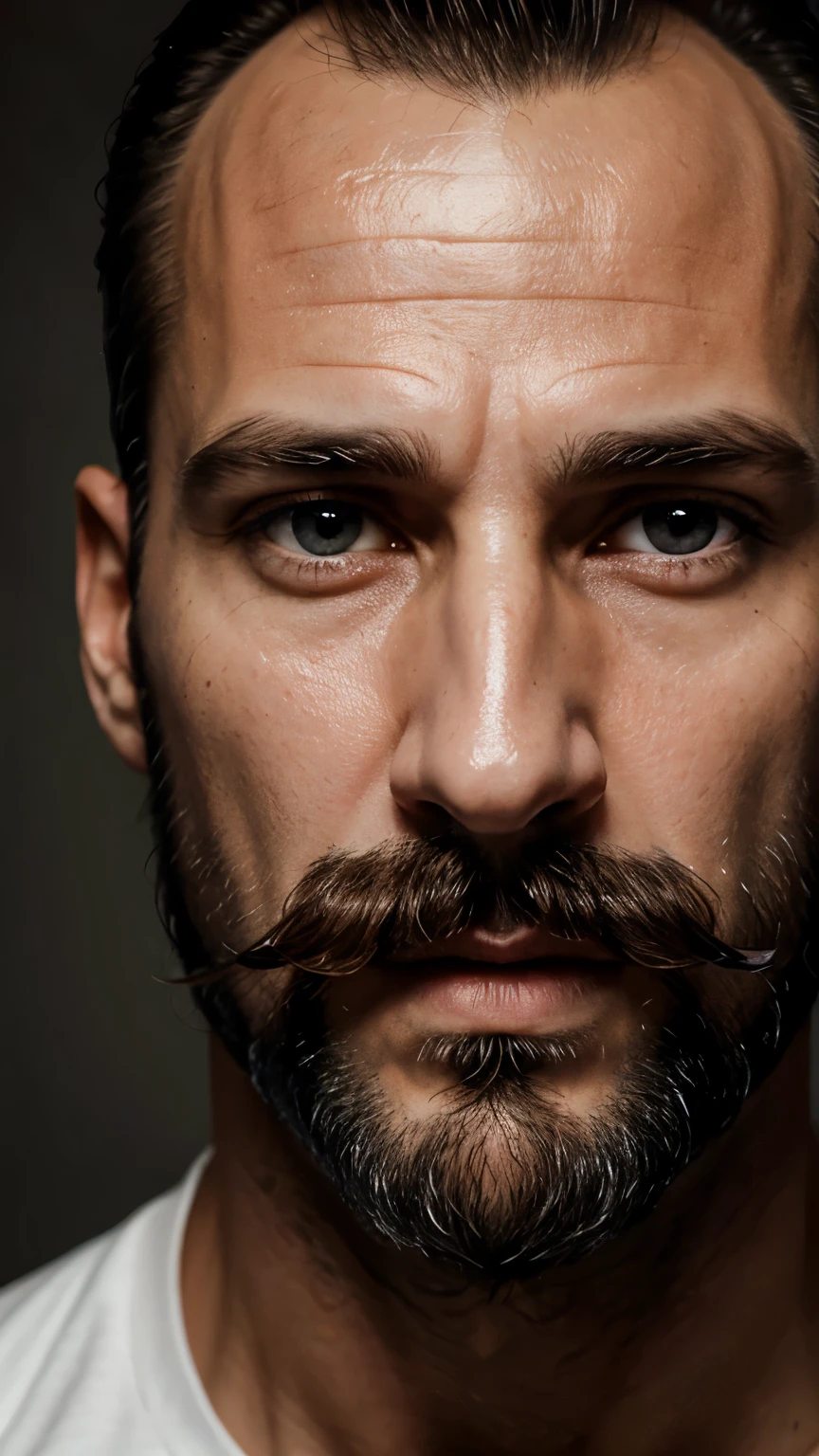 Portrait of face of a man, 40 years old, sharp eyes soul piercing look, tight jaws, salt and pepper hair style, slightly trimmed beard moustache, skin pores, small scars on cheeks forehead, half light half dark picture, meticulously detailed face eyes nose lips ears forehead hair, hyper maximalized, hyper detailed lights colors