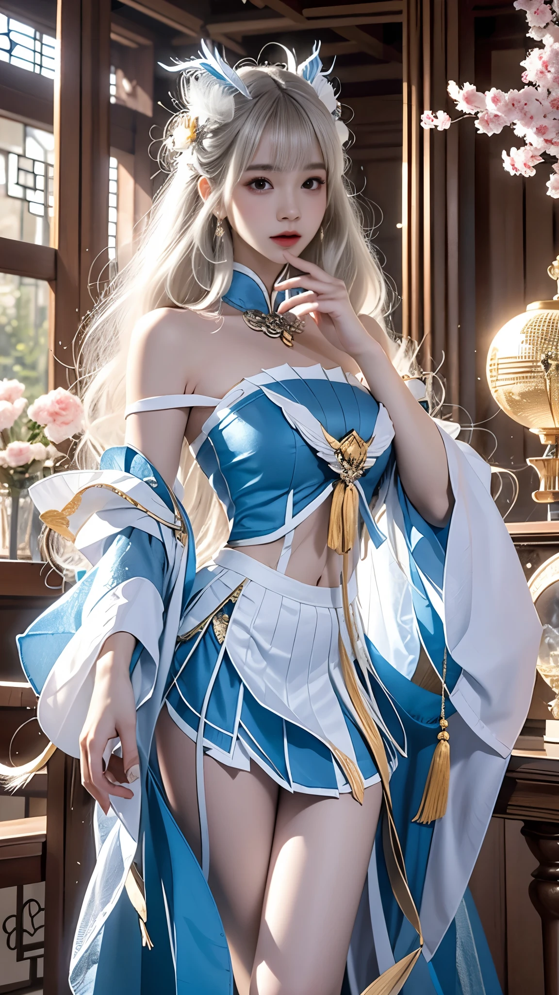 Kamisato Ayaka, masterpiece，best quality，high质量，high清晰度，high质量的纹理，high质量的阴影，high细节，beautiful details，fine details，Extremely detailed CG，Detailed texture，lifelike的面部表现，lifelike的，rich and colorful，exquisite，sharp focus，(intricate detailake up，PureErosFace_V1:0.5)，(细节美exquisite脸，(细节美exquisite眼睛)，Perfect比例的脸，highDetails of the skin，Details of the skin，Four fingers and one thumb in optimal proportions，emaciated:1.3)，1 girl，17 years old，high，(Smooth abs:1.55)，pretty，Perfect，high，((bare shoulders)), ((The skirt is short)), (long legs)，(straight legs)，(thin waist)，((White skin))，White skin，((White skin))，(emma watson)，Big breasts，((Caucasian))，light blonde hair，Stand with legs apart，looking at the audience，whole body，Portrait of cute blonde girl，((Cherry tree)), ((站在Cherry tree下,Look into the distance))，bloom，orange mist，sports，Wisps of hair，lifelike，high品质渲染，amazing art，high品质，film texture，Fujifilm XT3，dream