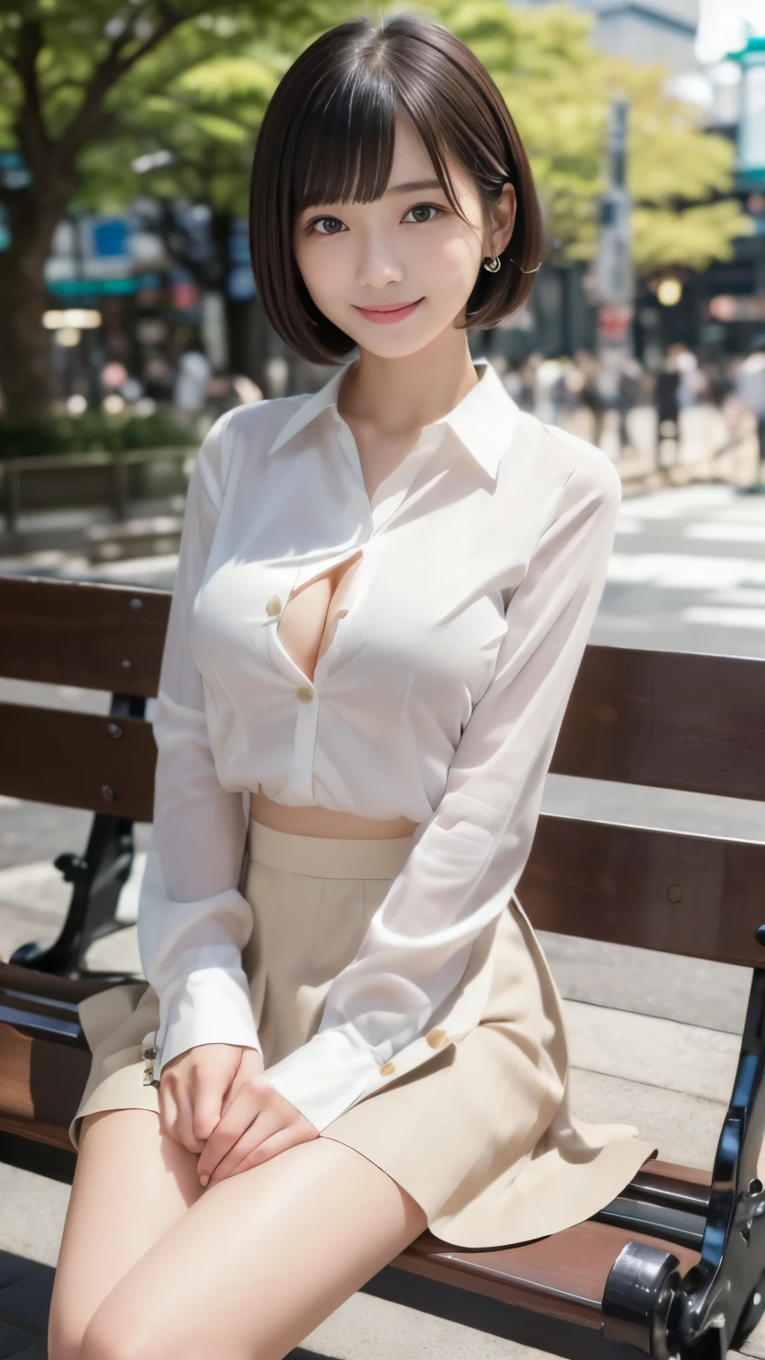 Masterpiece, Best-quality, RAW-photo, Ultra-High-Resolution, Photorealistic, very delicate human skin, 
(Anatomically correct, 16-years-old, Realistic Japanese girl, photographer's lover, She truly loves photographer, baby face, cute face, short height, thin waist, big breasts, Slender legs, Large breast, Realistic skin), 
((No bra, teat, white blouse, Close all buttons on the blouse, flared skirt:1.3)), 
(maiko, Round face, Black hair, Black eyes, Moist eyes, Shining eyes, Short bob cut, Bangs, Down-slating eyebrows, one little earring, Light blush), 
(See photographer, look at viewer, sit on a park bench, legs apart:1.3), 
(Elegant goddess smile, seduce men), 
(Tokyo, Shinbashi, very lively Japanese station square), 
Natural lighting, full length