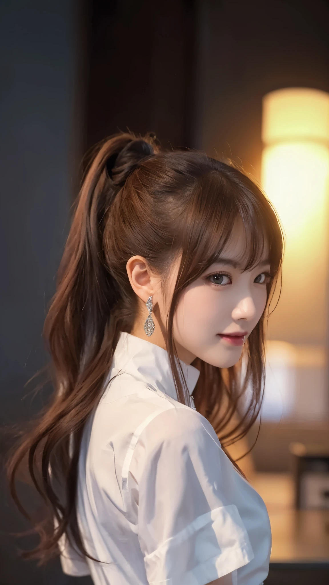 beautiful japanese woman，Photo taken by a professional photographer，Flashy makeup with red eyeshadow，double eyelid，best smile，Delicate brown hair with a short cut and side waves，Large ring earrings，elegant legs，white shirt，wearing black high heels，long and thin legs, white shirtと超ミニスカート, long legs, standing during class, very beautiful slim legs, とても美しいlong and thin legs, sitting at the desk, business services, beautiful feet, good hips and long legs, beautiful feet, surreal high school girl, cleavage, 