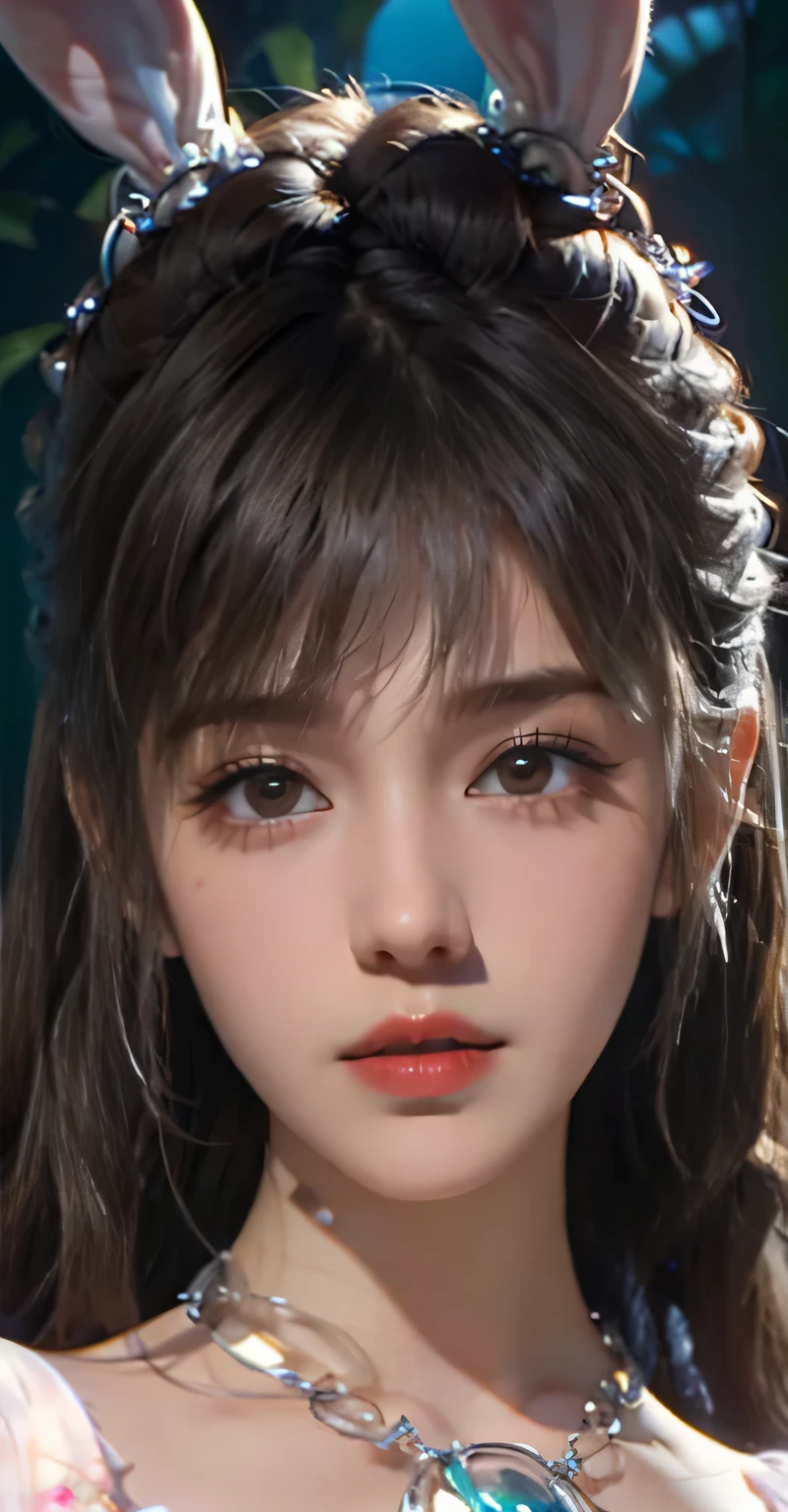 Hyper-realistic 8K CG，is a perfect face，perfect，appoint，masterpiece，professional artwork，famous artwork，is a perfect face，beautiful face，beautiful eyes，（（perfect female figure））Close-up of woman with rabbit ears,