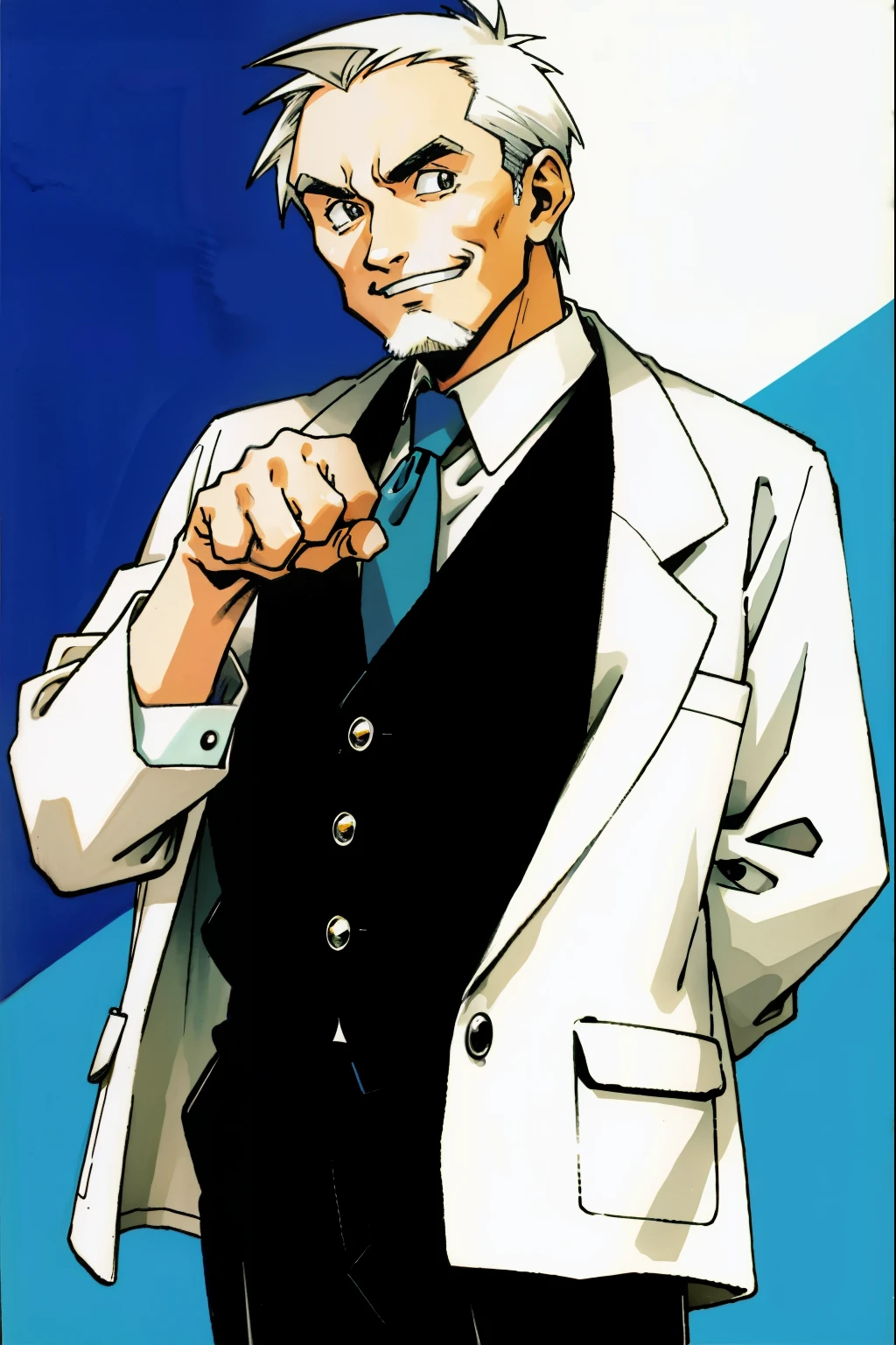 by Ken Sugimori, sugimori 1990s, ((only 1old man)), middle-aged man, civil servant, smiling, old, business suit ((hands behind their back)), full black pupils, manga, best quality, highly detailed, clean lines, cowboy shot, good hands, good eyes, hd, 8k, professional, symmetrical, hires, 8k,