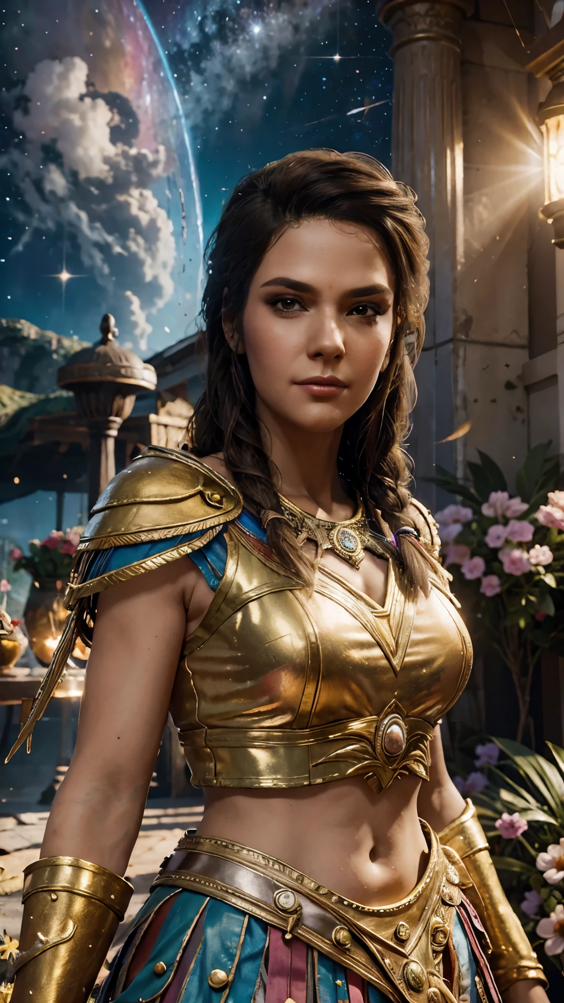 High detail, super detail, super high resolution, Kassandra, enjoying her time in the dream galaxy, surrounded by stars, warm light sprinkled on her, full body, background is starry sky with colorful galaxies and galaxy clouds, stars flying around her, delicate face, playful atmosphere,