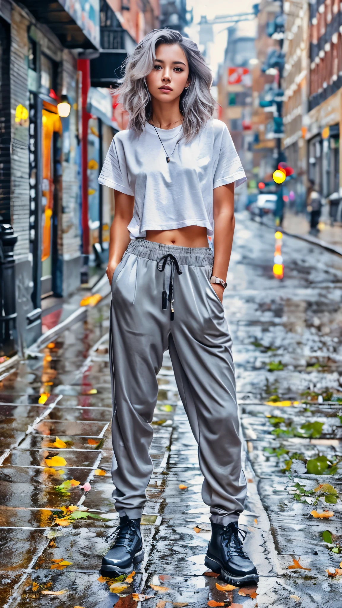 Realistic, (ultra detailed, beautiful, best quality:1.2), medium hair, arranged hairstyle, gray hair, shiny hair, BREAK (all body side shot:1.4), (standing, fashion model pose:1.2), (gray simple blurry background:1.4), (mist, fog:1.4), (black theme:1.2), (black 7/8 length Soft material tiny tshirt:1.3), (black baggy track pants with White Thin crease, baggy sarouel pants, baggy Harlem pants:1.5), (combat boots:1.3), (lots of accessories),