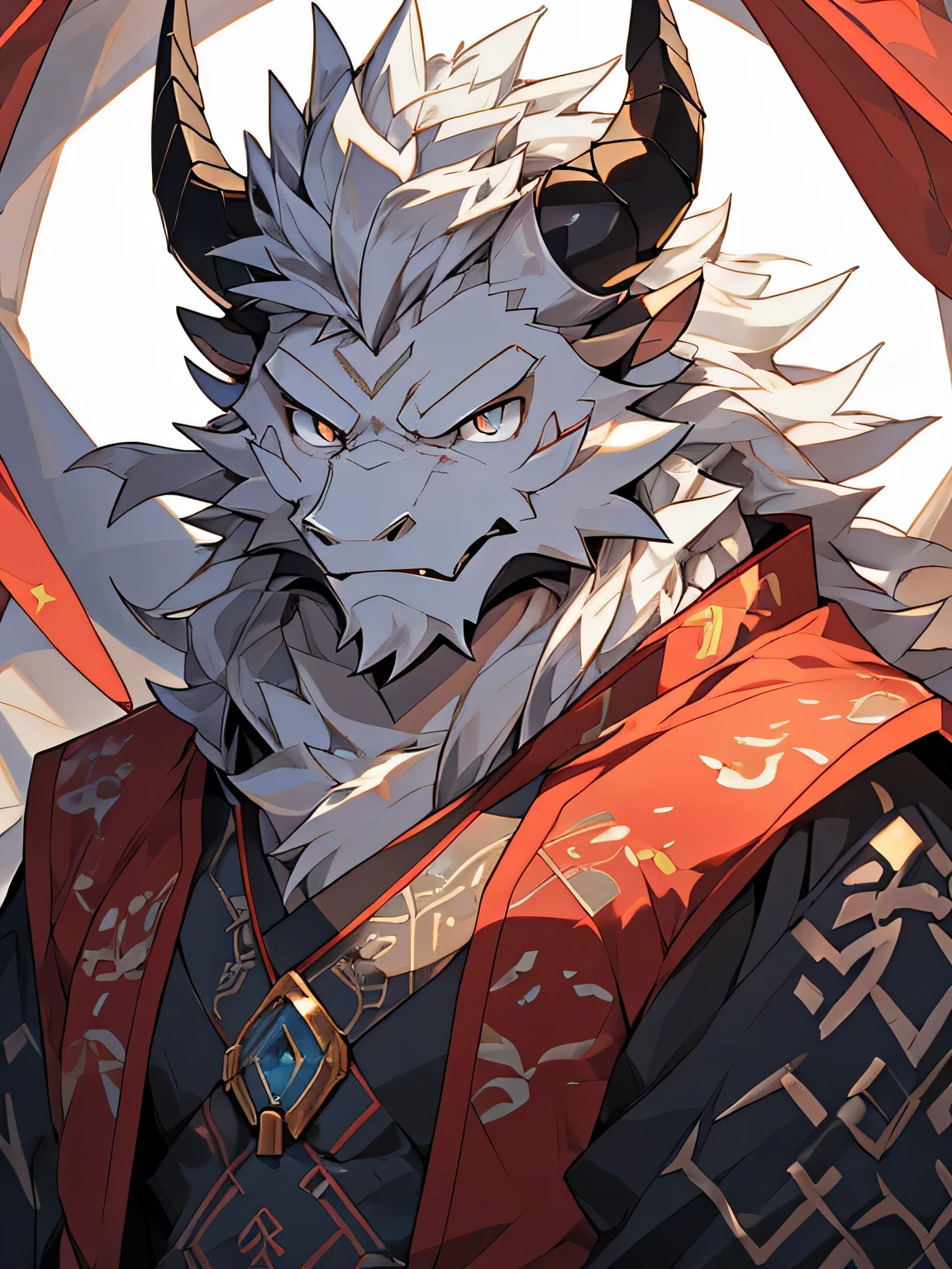 White dragon man:1.3, alone, vertical pupil,Eye, (elongated), Slim, (Eye anthro dragon):1.3, (The body has silvery white scales:1.4), white belly, (beast wild:1.4), Silver scales all over body , Detailed Eye, ((human portrait)), , (Detailed Eye, 蓝Eye, Bright Eye):1.3,robe , Digital art, masterpiece, anime style,mane fur on neck:1.5,(chinese dragon horn,white):1.5, very angry face:1.3,thick eyebrows,older dragon:1.4,dragon beard:1.4