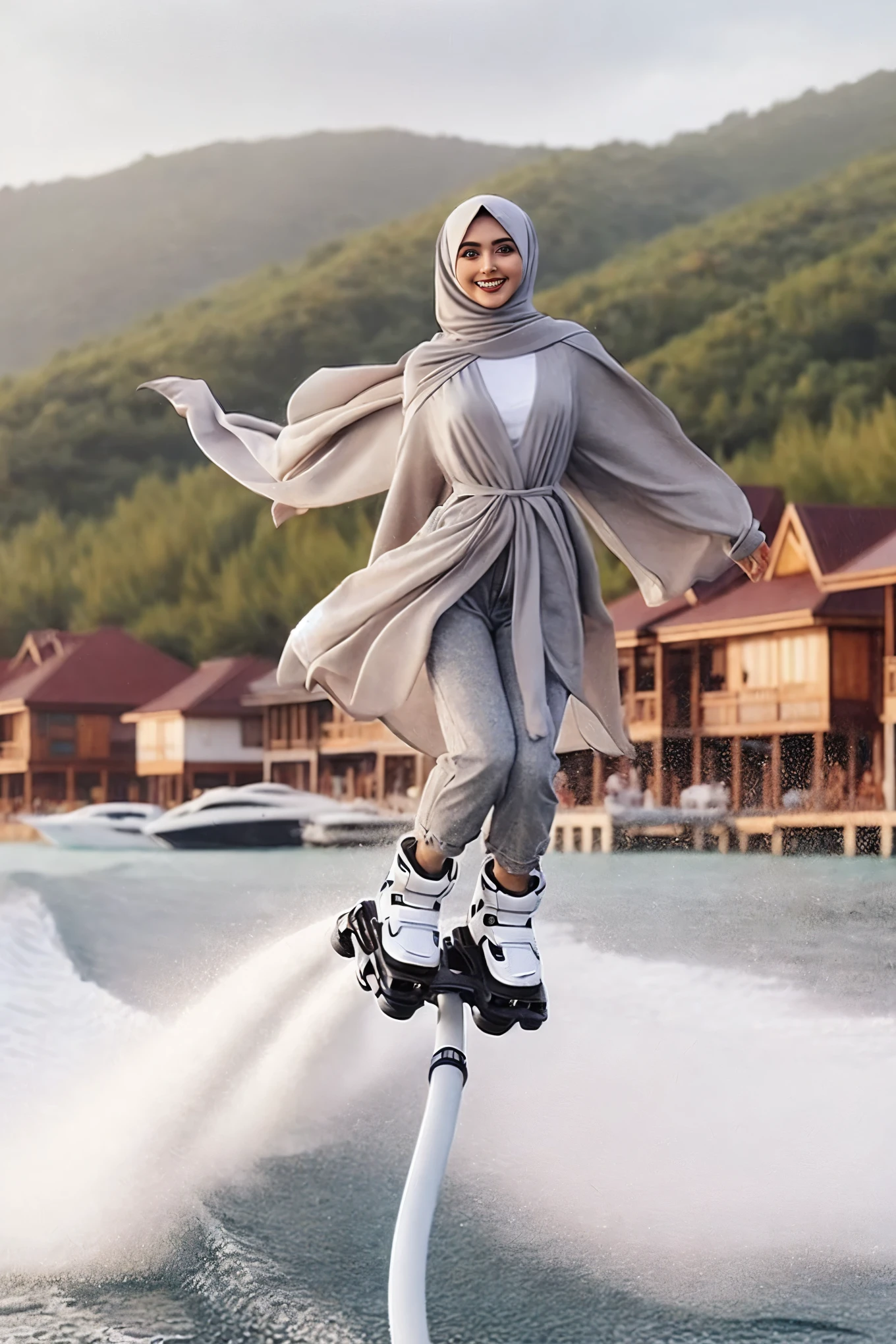woman in hijab riding a water ski on a lake, hijab, 🕹️ 😎 🔫 🤖 🚬, wearing a fisher 🧥, 🐋 as 🐘 as 🤖 as 👽 as 🐳, white hijab, hoverboard, she is walking on a river, very futuristic, cold as ice! 🧊, 🚿🗝📝, instagram post, zaha hadi