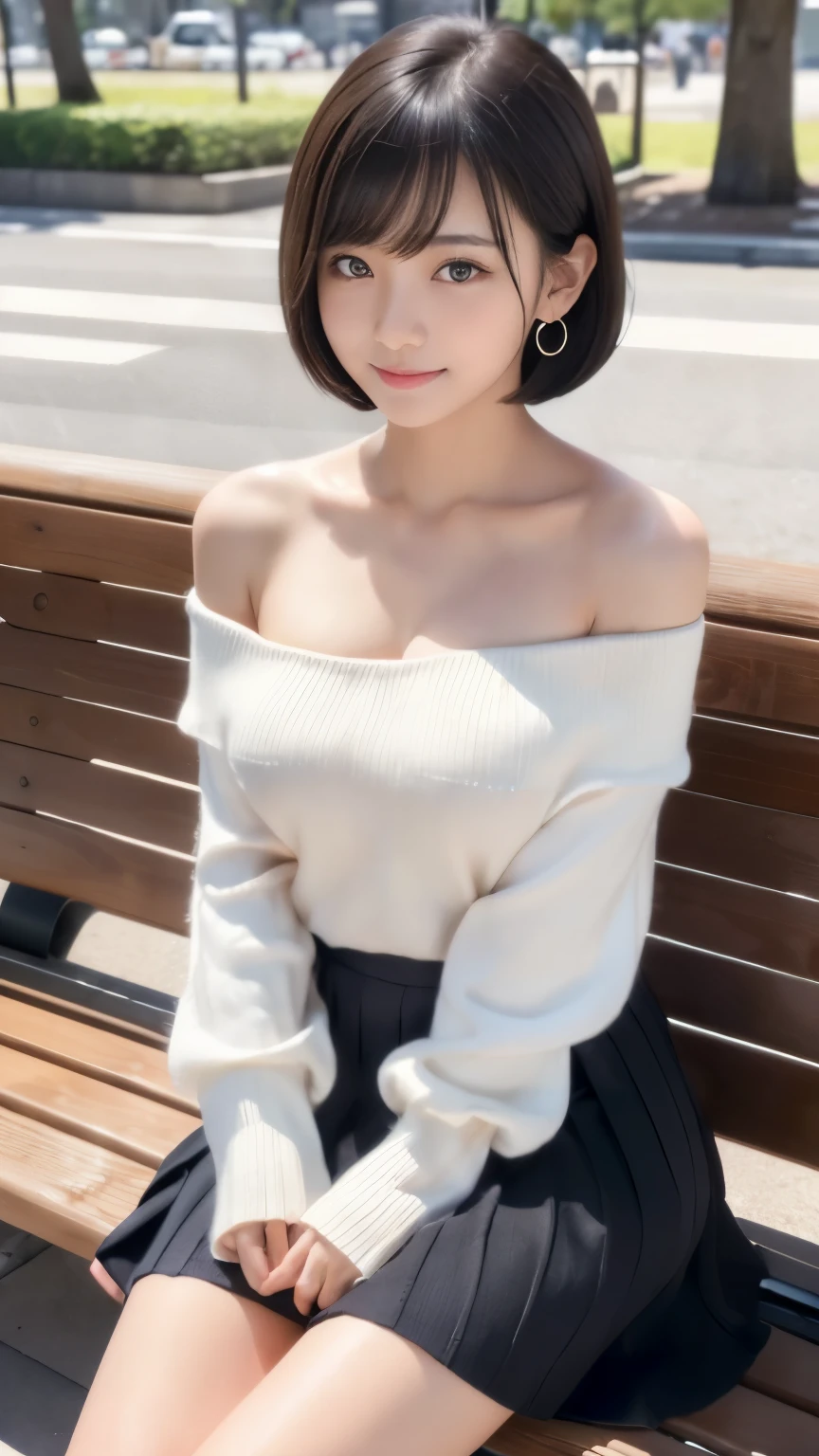 Masterpiece, Best-quality, RAW-photo, Ultra-High-Resolution, Photorealistic, very delicate human skin, 
(Anatomically correct, -yeld, Restic Japanese girl, photographer's lover, She truly loves photographer, baby face,e, short height, thin waist, big breasts, Slender legs, Large breast, Realistic skin), 
((No bra, teat, white off shoulder knit, flared skirt:1.3)), 
(maiko, Round face, Black hair, Black eyes, Moist eyes, Shining eyes, Short bob cut, Bangs, Down-slating eyebrows, one little earring, Light blush), 
(See photographer, look at viewer, sit on a park bench, legs apart:1.3), 
(Elegant goddess smile, seduce men), 
(Tokyo, Shinbashi, very lively Japanese station square), 
Natural lighting, full length