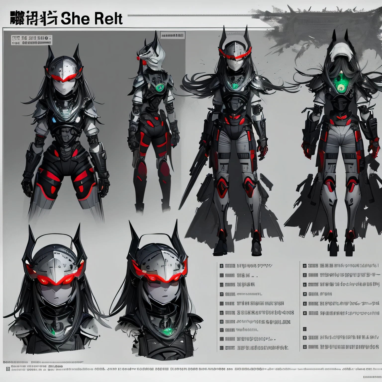 ((Character sheet list)), (concept arts), knee length portrait, mechanized girl, steel colored skin, gray skin, mechanical skin, red eyes, red visor, iron visor, rounded helmet, long hair, (messy hair), bare shoulders, iron thorns, dark industrial landscapes in pale green and gray steel lights, highly detailed art, many details