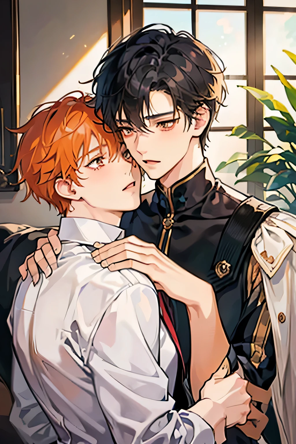 ((best quality)), ((masterpiece)), (detailed), perfect face, 2 boys, gay couple, one boy with dark black hair and dark brown eyes and is tall and handsome, looks fierce and bold, tsundere, very tall, hot and other boy has orange hair and orange eyes and is cute adorable and is bubbly and shorter, short height, , blushing looks like innocent and shy, they are in love, romance, gay couple, bl couple, yaoi, 4k ultra anime quality, anime ARTSTYLE, bl yaoi, hugging, 4k anime art style, cute, cuddling together, soft facial expression
