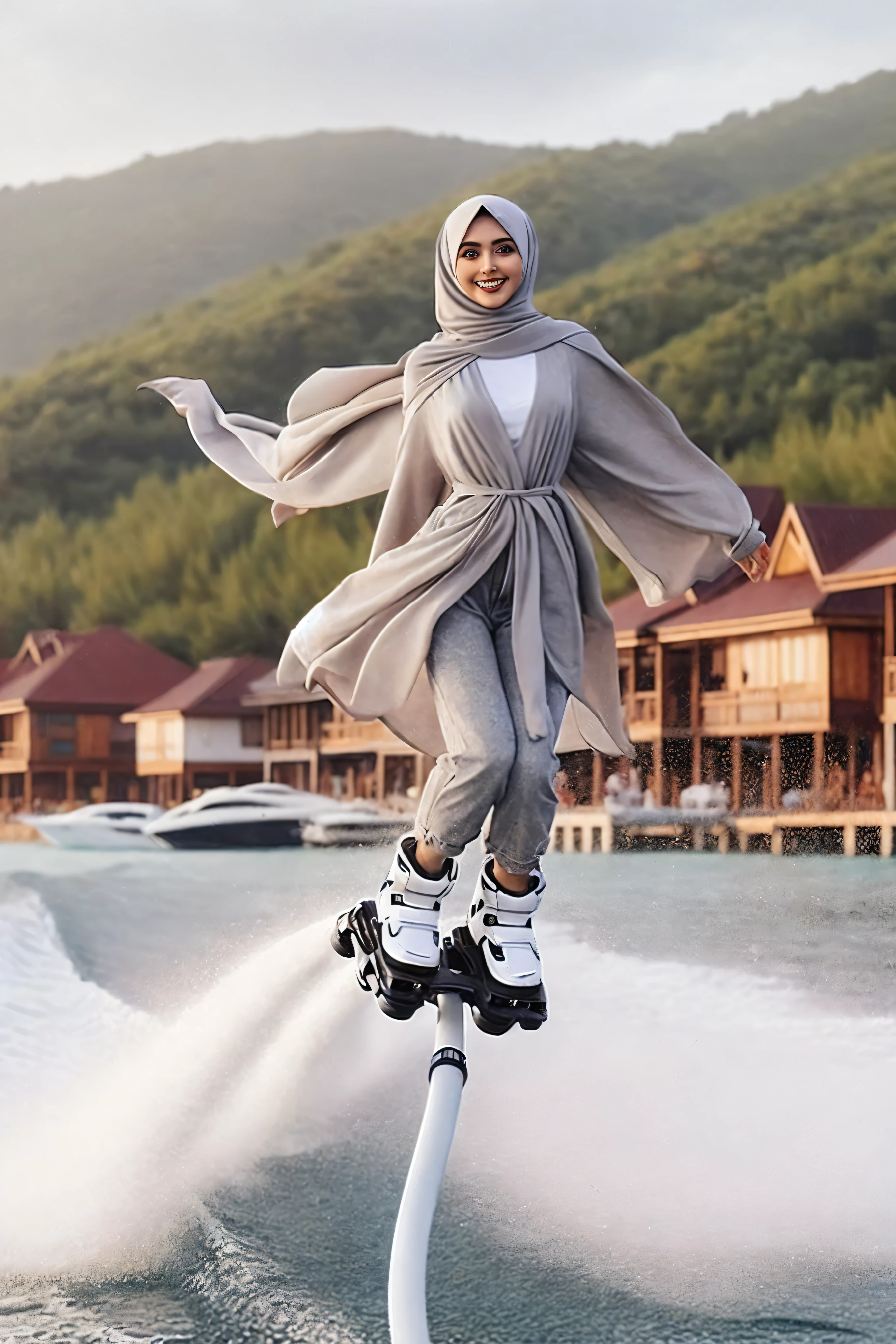 woman in hijab riding a water ski on a lake, hijab, ๐น๏ธ ๐ ๐ซ ๐ค ๐ฌ, wearing a fisher ๐งฅ, ๐ as ๐ as ๐ค as ๐ฝ as ๐ณ, white hijab, hoverboard, she is walking on a river, very futuristic, cold as ice! ๐ง, ๐ฟ๐๐, instagram post, zaha hadi