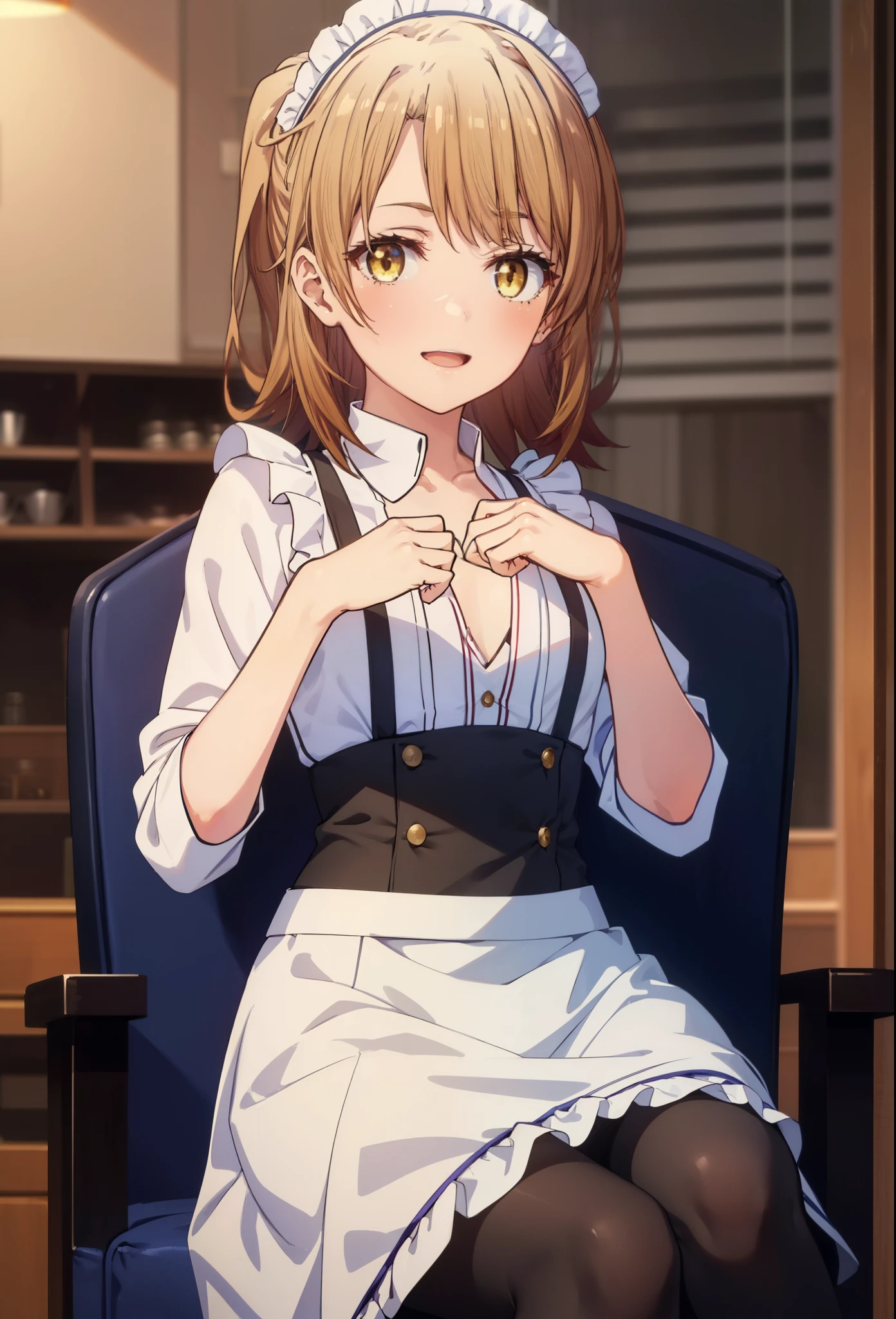 irohaisshiki, iroha isshiki, long hair, brown hair, (brown eyes:1.5), Smile, smile, open your mouth,ponytail,blush,smile,Maid clothes,bare chest,Medium chest,she was wearing a long skirt, black pantyhose, sitting cross-legged on a chair,So that the whole body goes into the illustration,
break indoors, coffee shop,
break looking at viewer,
break (masterpiece:1.2), highest quality, High resolution, unity 8k wallpaper, (shape:0.8), (fine and beautiful eyes:1.6), highly detailed face, perfect lighting, Very detailed CG, (perfect hands, perfect anatomy),