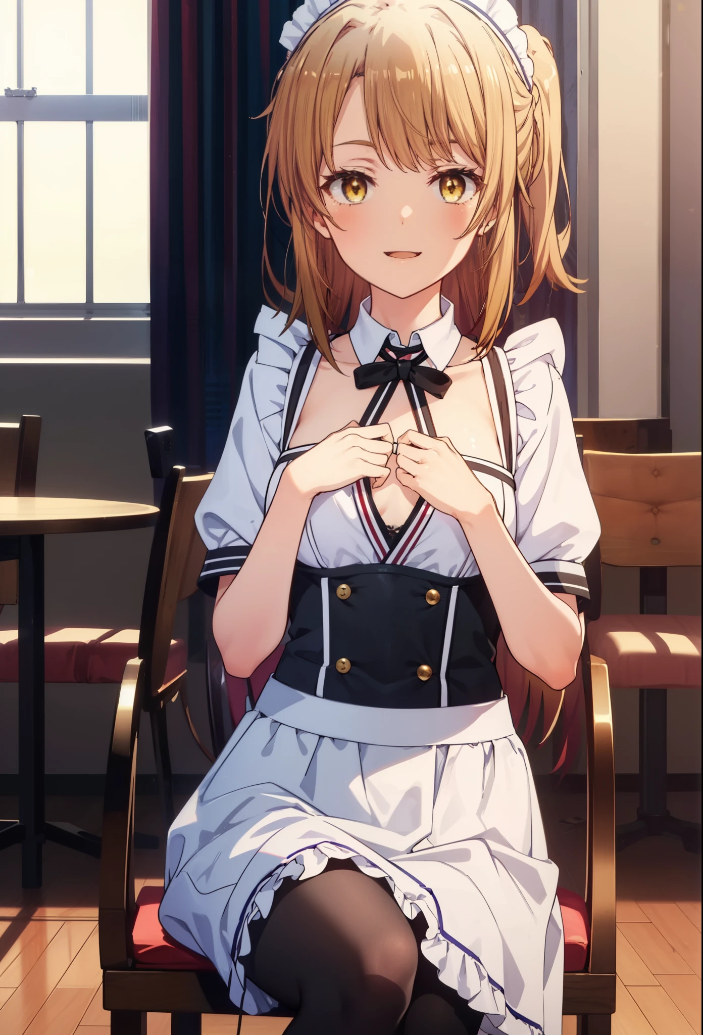 irohaisshiki, iroha isshiki, long hair, brown hair, (brown eyes:1.5), Smile, smile, open your mouth,ponytail,blush,smile,Maid clothes,bare chest,Medium chest,she was wearing a long skirt, black pantyhose, sitting cross-legged on a chair,So that the whole body goes into the illustration,
break indoors, coffee shop,
break looking at viewer,
break (masterpiece:1.2), highest quality, High resolution, unity 8k wallpaper, (shape:0.8), (fine and beautiful eyes:1.6), highly detailed face, perfect lighting, Very detailed CG, (perfect hands, perfect anatomy),