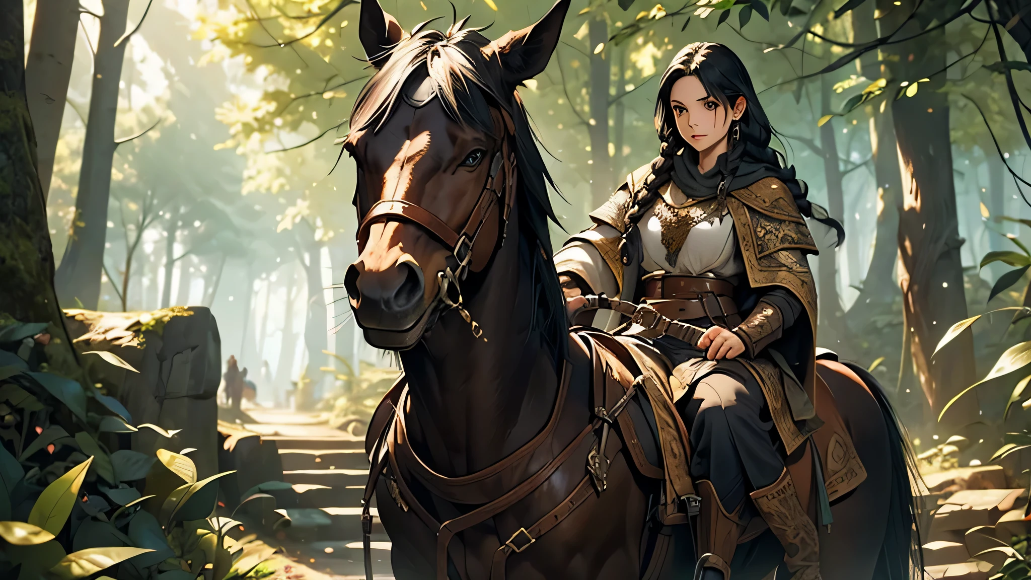 girl with long black hair and braided in a traveler's clothes rides a horse through forest, fantasy medieval RPG, detailed face