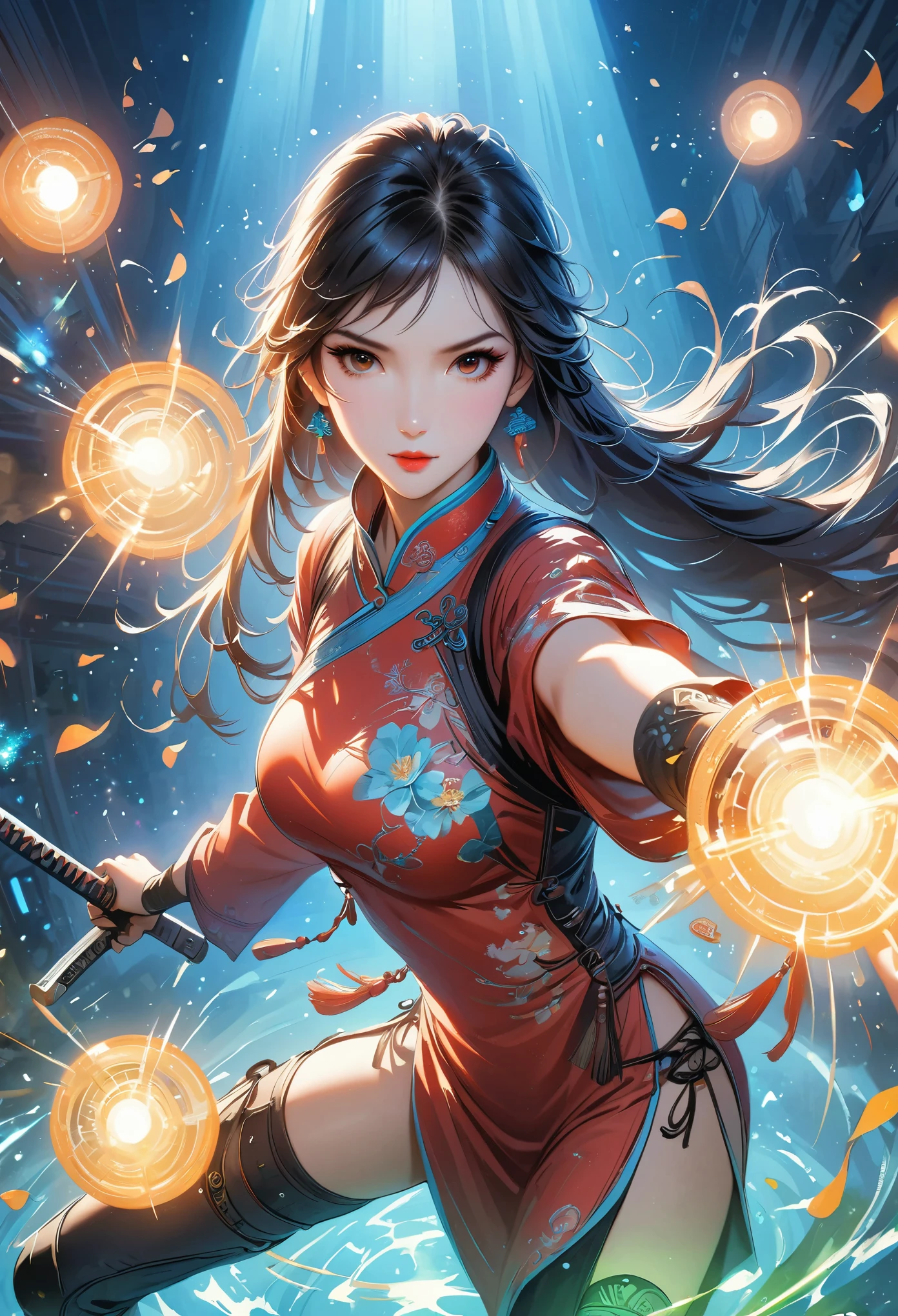 Fisheye lens with flames in the background, Chinese girl dancing with sword, Wearing Tang suit, one person, upward light, Ray tracing, rim light, glow effect, exaggerated movements, exaggerated perspective, tangerine, green, Realistic and ultra-fine rendering style, Super details, mixer, octagon ending