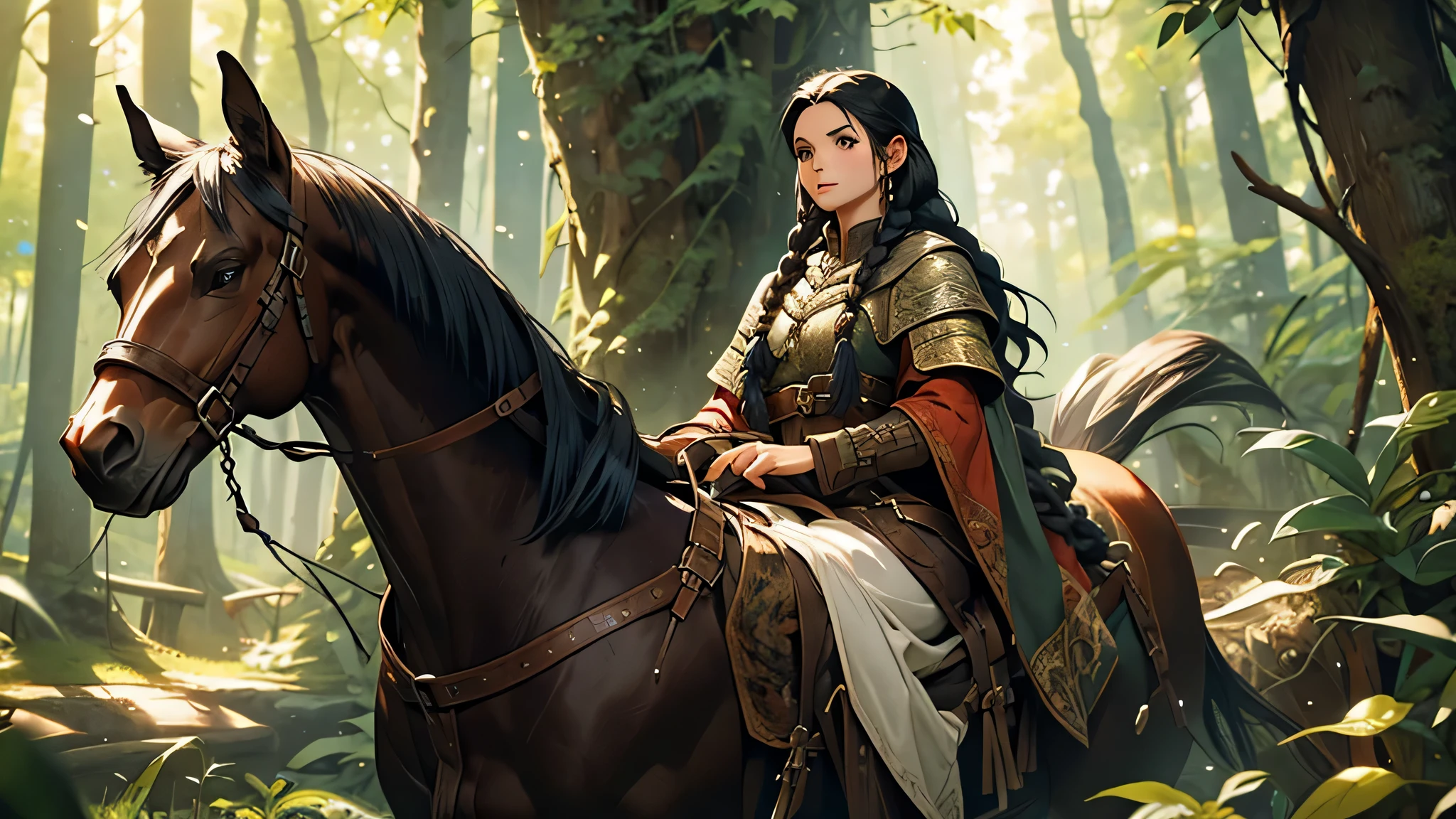girl with long, braided hair in a traveler's clothes rides a horse through forest, fantasy medieval RPG, detailed face