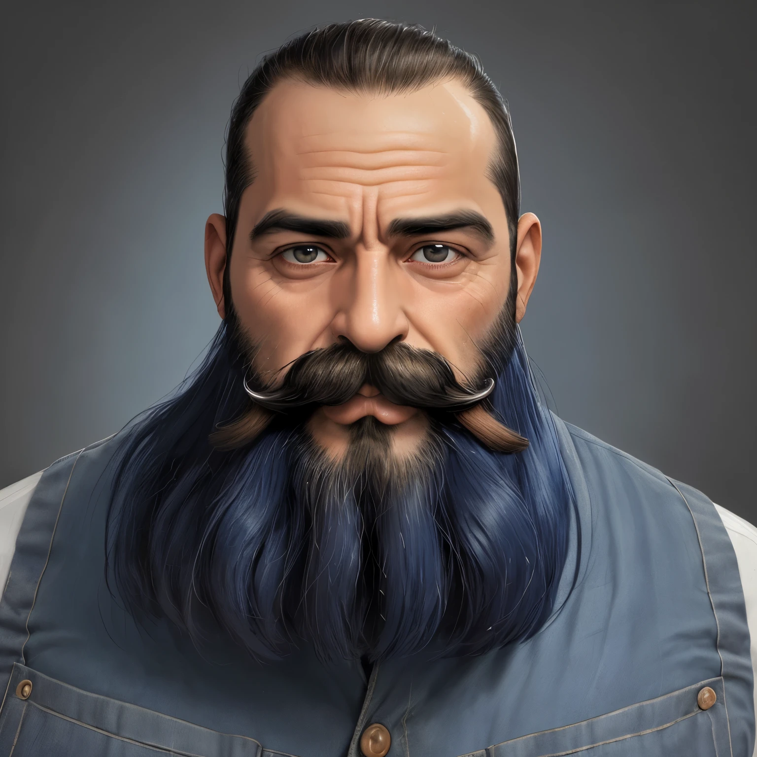 Humano de cabellos azules, musculoso, cicatriz en el pecho, brazos escamosos, bigote y barba corta