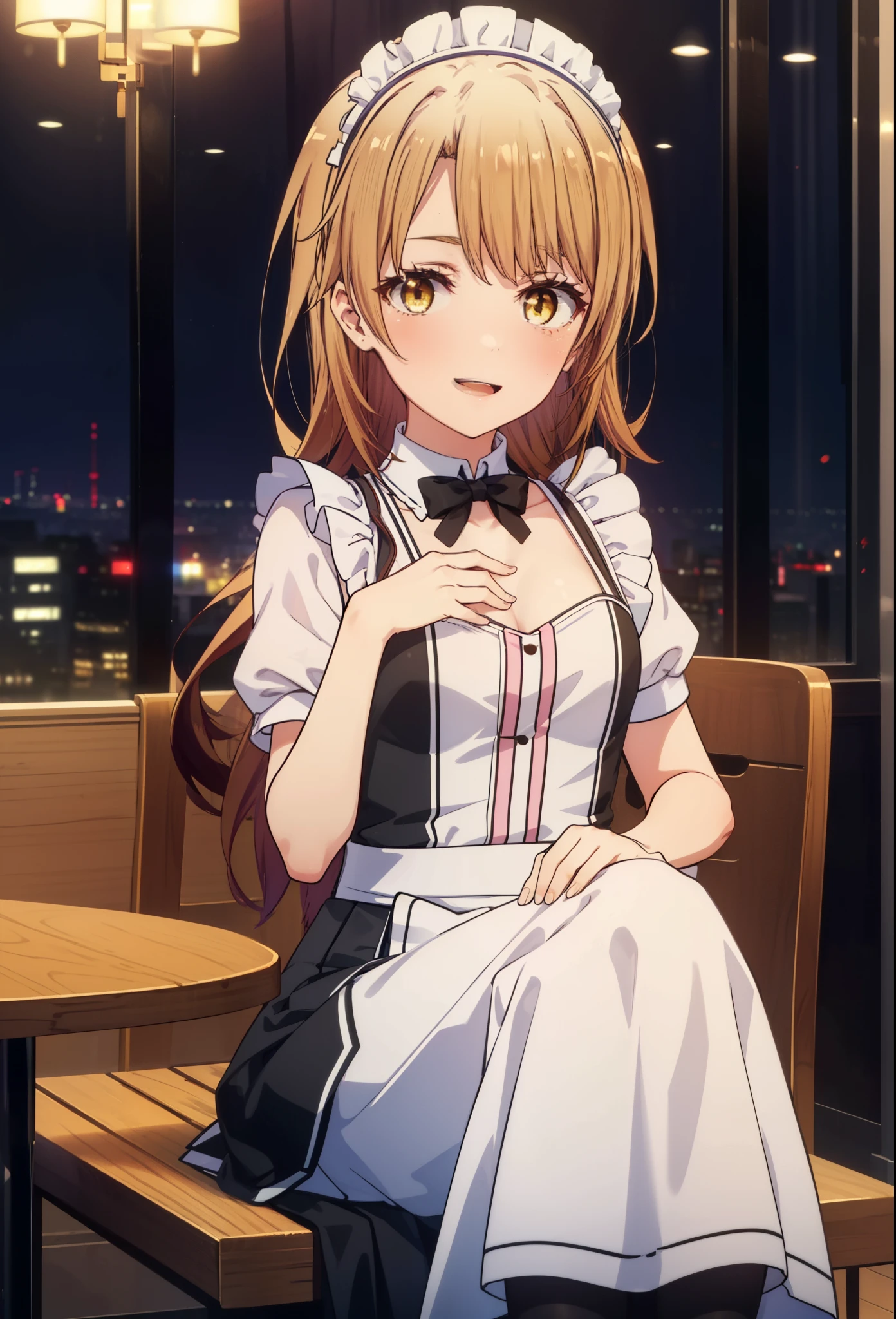 irohaisshiki, iroha isshiki, long hair, brown hair, (brown eyes:1.5), Smile, smile, open your mouth,side ponytail,blush,smile,Maid clothes,bare chest,Medium chest,she was wearing a long skirt, black pantyhose, sitting cross-legged on a chair,So that the whole body goes into the illustration,
break indoors, coffee shop,
break looking at viewer,
break (masterpiece:1.2), highest quality, High resolution, unity 8k wallpaper, (shape:0.8), (fine and beautiful eyes:1.6), highly detailed face, perfect lighting, Very detailed CG, (perfect hands, perfect anatomy),