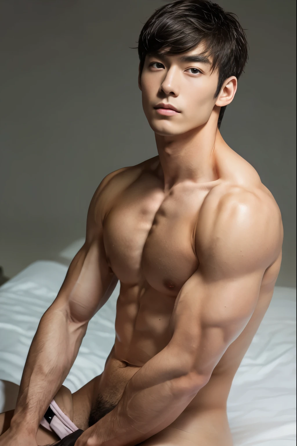 handsome Japanese guy, well-muscled, Upper body naked, wearing nothing, completely naked, 4K, hight resolution, smooth skin, finely detailed skin, TA-Q-BIN, athletic physique, slender, no body hair, wearing nothing, completely naked , Realistic, fully naked, nude, perfect , male , correct male scrotum, perfect scrotum, male structure, correct male genitelia, huge and veiny male genitelia, hard male genitalia, erect male genitalia