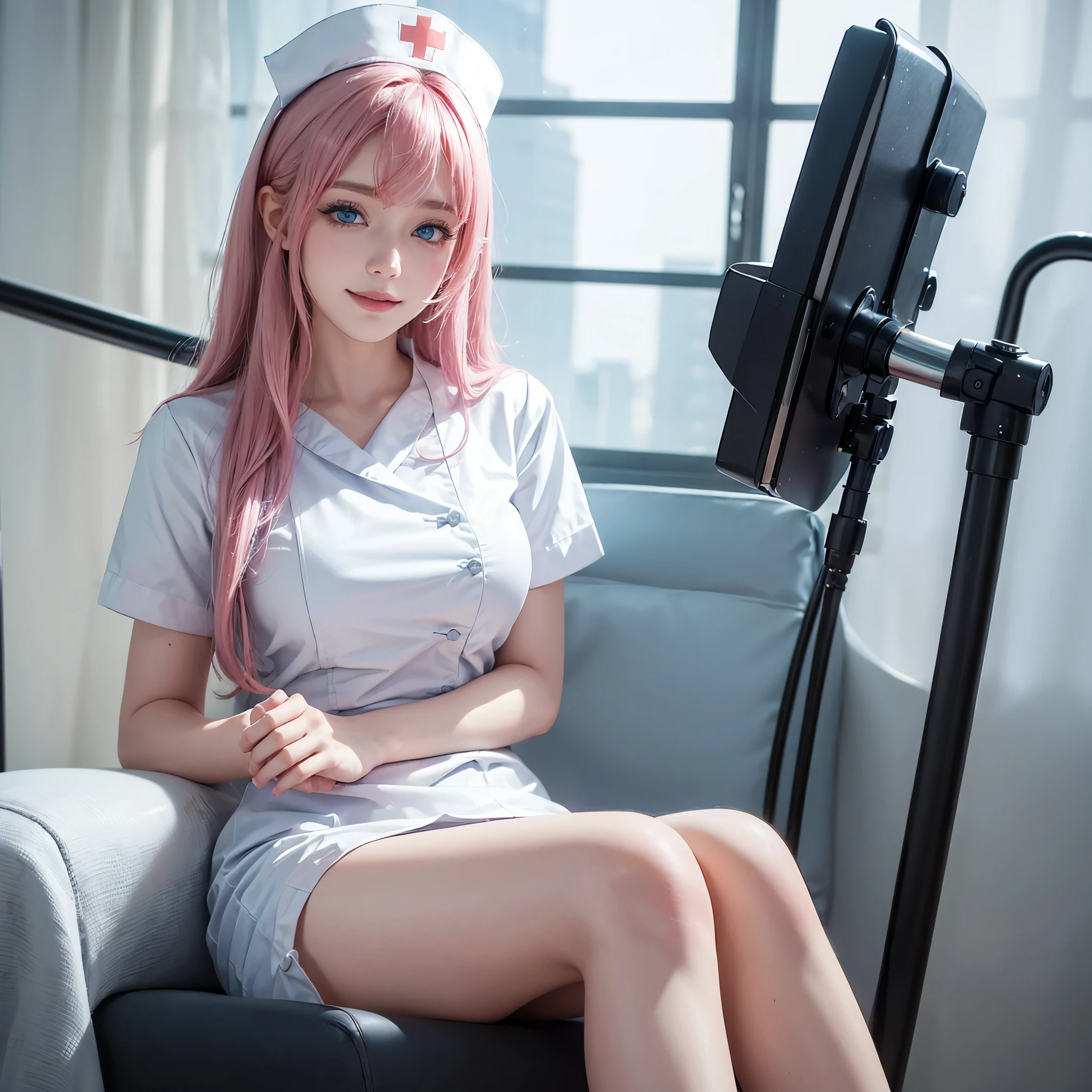 ((1girl solo:1.5)), (Blue Eyes), (smiling), (Sana Minatozaki), wide hips, Big , big ass, (Best Quality, 8k, Masterpiece: 1.3), Clear Focus: 1.2, Perfect Body Beauty: 1.4, strong abs :1.2, Highly detailed face and skin texture, detailed eyes, double eyelids, (pink long hair), nurse, (white nurse uniform :1.3), high stocking, sitting on a stretcher, view from below, in a hospital room, blurred background, rim lighting