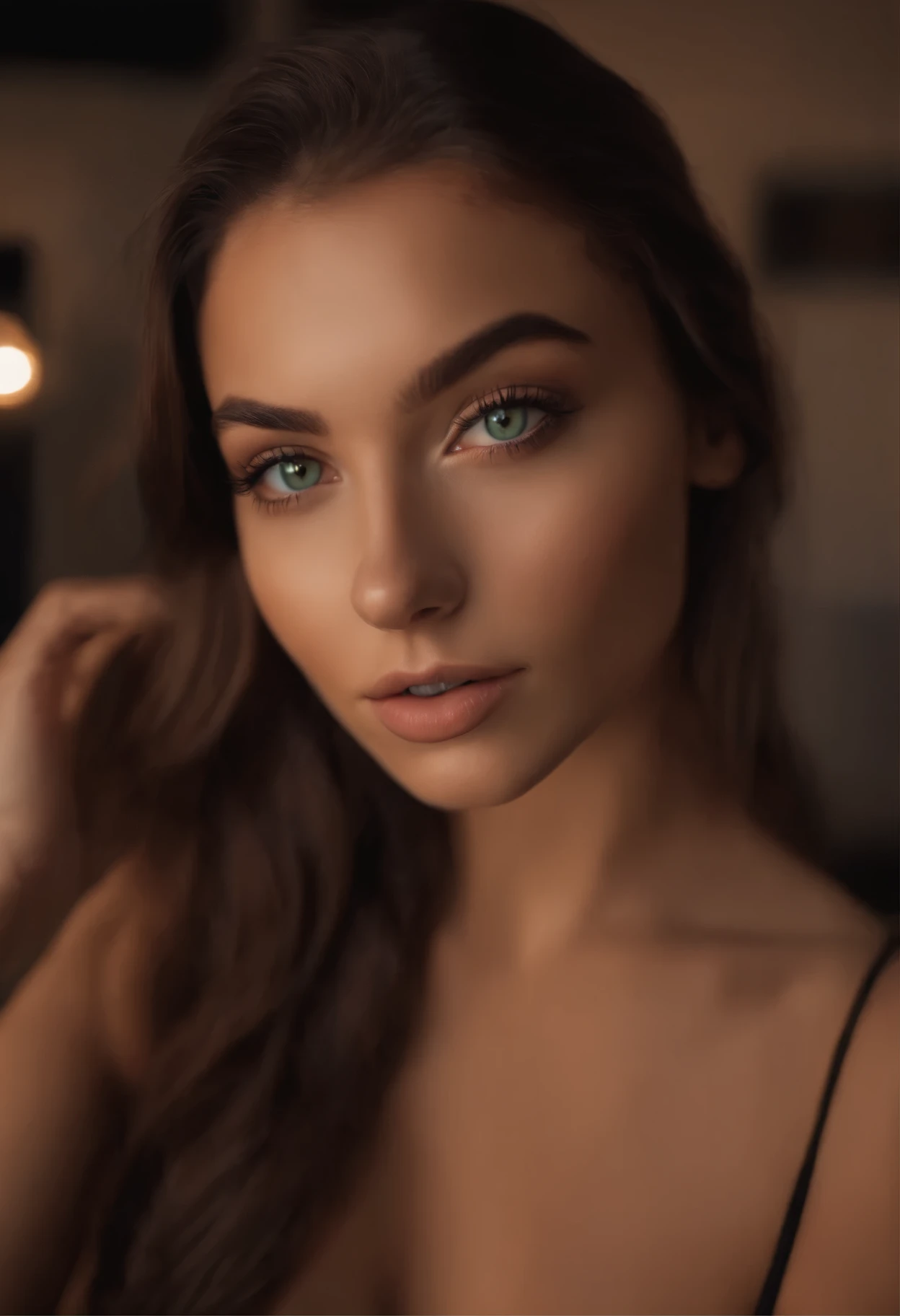 arafed woman with medium breast, sexy girl with green eyes, portrait sophie mudd, brown hair and large eyes, selfie of a young woman, bedroom eyes, violet myers, without makeup, natural makeup, looking directly at the camera, face with artgram, subtle makeup, stunning full body shot, piercing green eyes, beautiful angle, cute girl, full body picture, full body, full body shoot, brunette goddess, high detail, sexy pose, night club, , fun