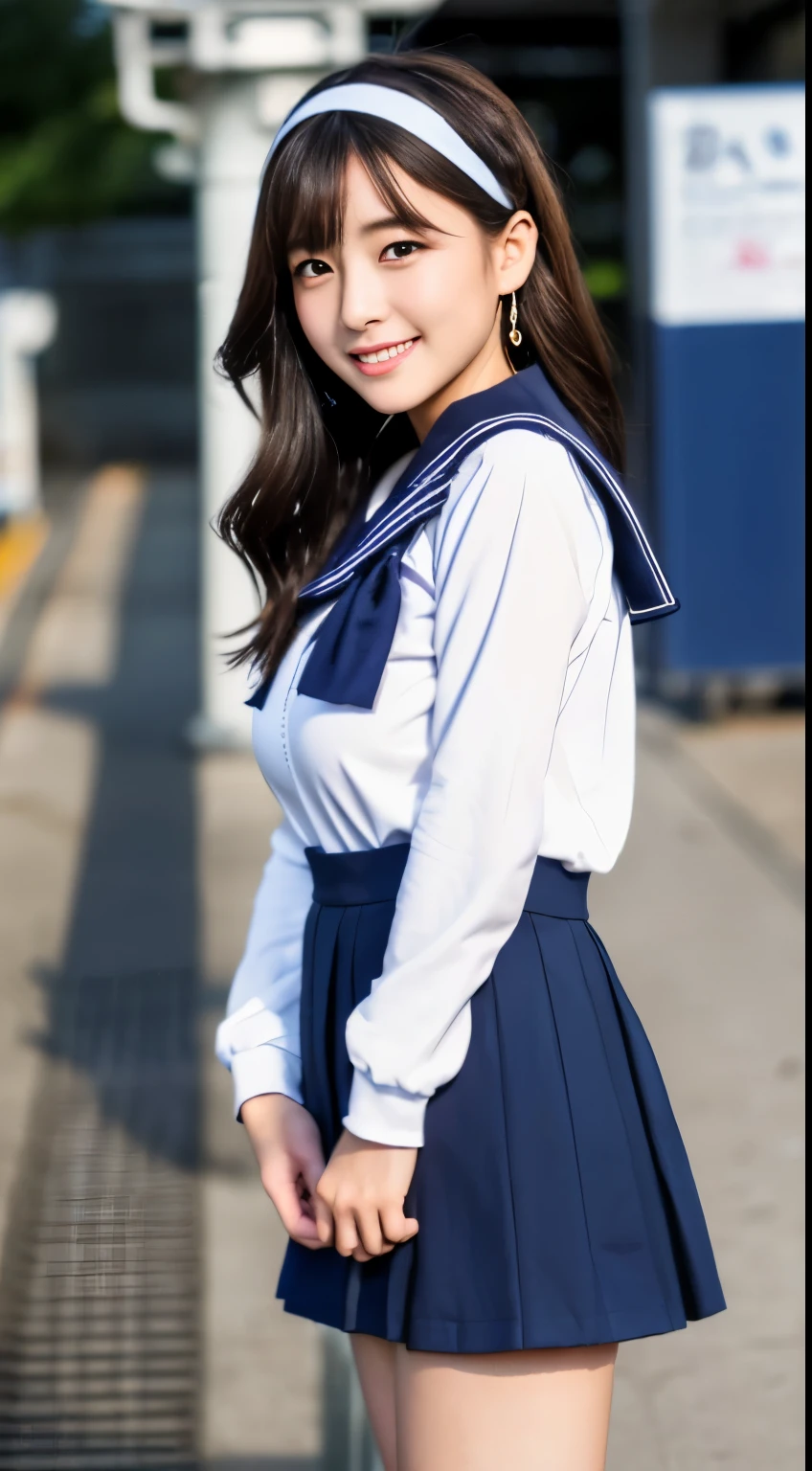 mix 4, (16K, RAW photo, best image quality, masterpiece: 1.45), (realistic, Photoreal: 1.37), one girl, 7.5, wait、random hairstyle、standing position,daytime、very cute,station platform,, professional lighting, photon mapping、Physically based rendering, dark brown gradation hair,鮮明な背景とHigh resolution, Handsome, well-groomed and beautiful eyes、big double eyelids、very shiny、with a girl, (((school uniform、Winter clothes、Sailor uniforms worn by Japanese high school girls、navy sailor color、scarf、mini skirt, Small beret、high socks、low person、thrifty bag))), highest quality photos, High resolution, 1080p, (clear face), (Detailed facial description), (Detailed hand explanation), (masterpiece), (Detailed CG)、extreme light and shadow、messy hair、master work、Rich details、(detailed facial features)、(highest quality photoasseter muscle part)、(detailed eye)、look in front of you、thin clavicle、((slender and big))、(((japanese sailor suit)))、((idle system))、((station platform、ticket gate、railway crossing))、(((neat and cute)))、earrings、big smile、Draw the whole body from the knees、Do not draw fine lines、(((long sleeve sailor suit)))、(Big big breasts with big drooping:1.2)、big firm butt、two arms、two legs、(((from the front:0.3)))、bare hands、no mask、No exposed skin