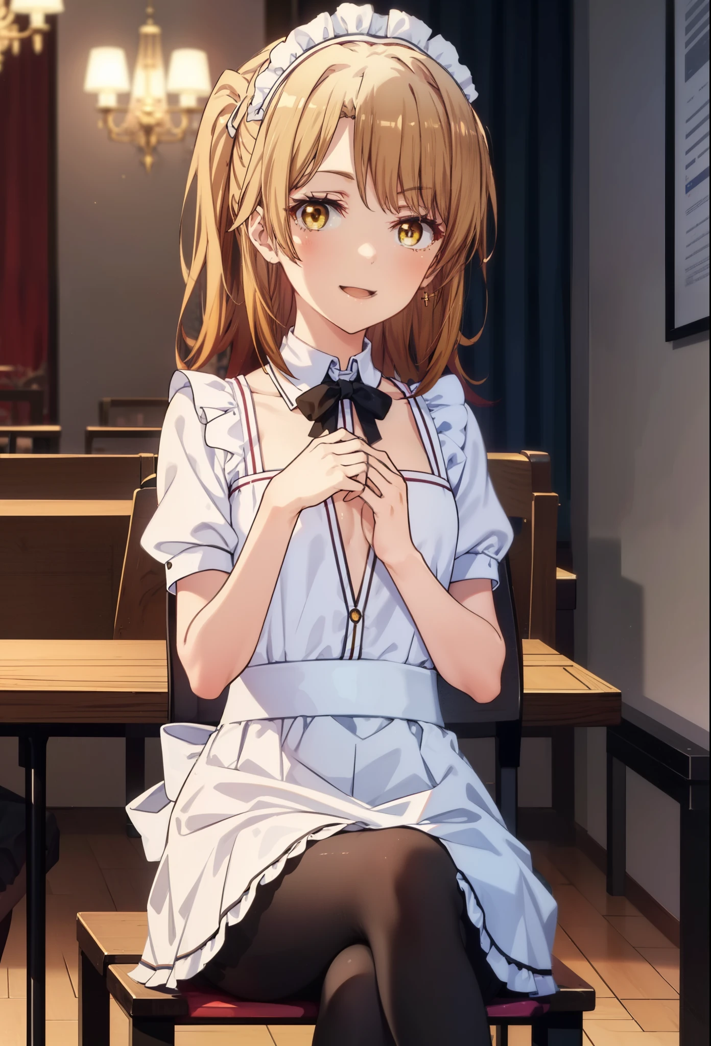 irohaisshiki, iroha isshiki, long hair, brown hair, (brown eyes:1.5), Smile, smile, open your mouth,side ponytail,blush,smile,Maid clothes,bare chest,Medium chest,she was wearing a long skirt, black pantyhose, sitting cross-legged on a chair,So that the whole body goes into the illustration,
break indoors, coffee shop,
break looking at viewer,
break (masterpiece:1.2), highest quality, High resolution, unity 8k wallpaper, (shape:0.8), (fine and beautiful eyes:1.6), highly detailed face, perfect lighting, Very detailed CG, (perfect hands, perfect anatomy),