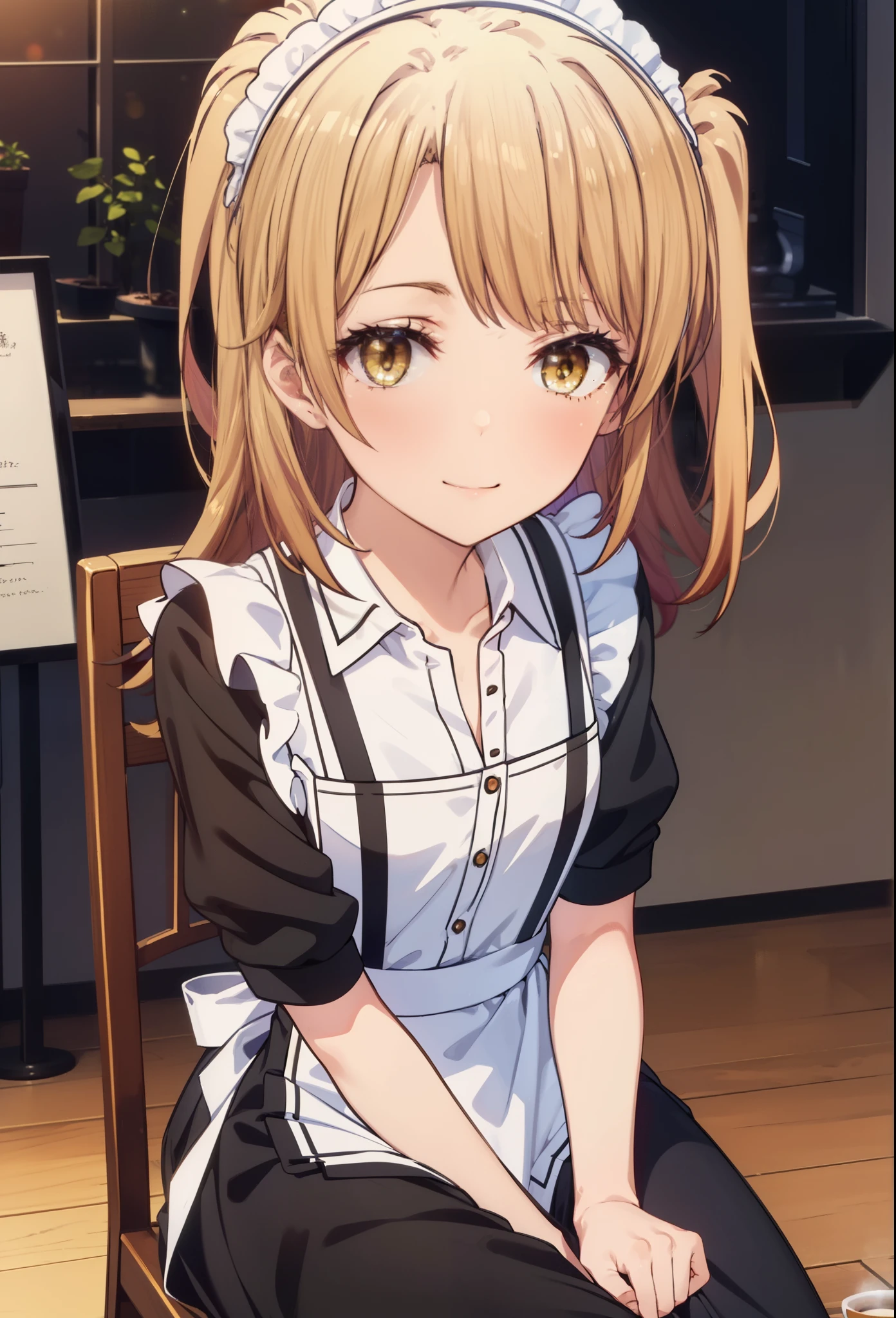 irohaisshiki, iroha isshiki, long hair, brown hair, (brown eyes:1.5), Smile, smile, open your mouth,side ponytail,blush,smile,Maid clothes,bare chest,Medium chest,she was wearing a long skirt, black pantyhose, sitting cross-legged on a chair,So that the whole body goes into the illustration,
break indoors, coffee shop,
break looking at viewer,
break (masterpiece:1.2), highest quality, High resolution, unity 8k wallpaper, (shape:0.8), (fine and beautiful eyes:1.6), highly detailed face, perfect lighting, Very detailed CG, (perfect hands, perfect anatomy),