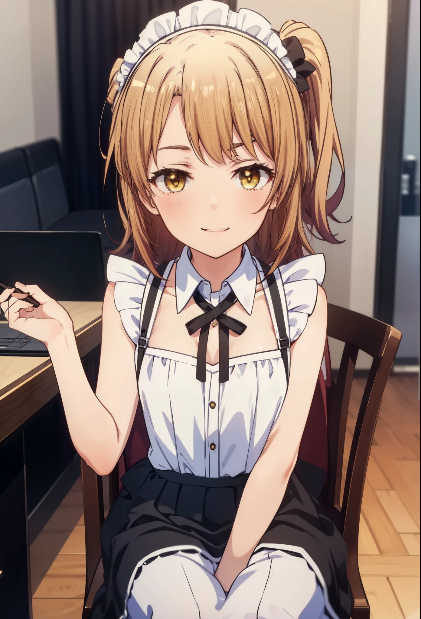 irohaisshiki, iroha isshiki, long hair, brown hair, (brown eyes:1.5), Smile, smile, open your mouth,side ponytail,blush,smile,Maid clothes,bare chest,Medium chest,she was wearing a long skirt, black pantyhose, sitting cross-legged on a chair,So that the whole body goes into the illustration,
break indoors, coffee shop,
break looking at viewer,
break (masterpiece:1.2), highest quality, High resolution, unity 8k wallpaper, (shape:0.8), (fine and beautiful eyes:1.6), highly detailed face, perfect lighting, Very detailed CG, (perfect hands, perfect anatomy),