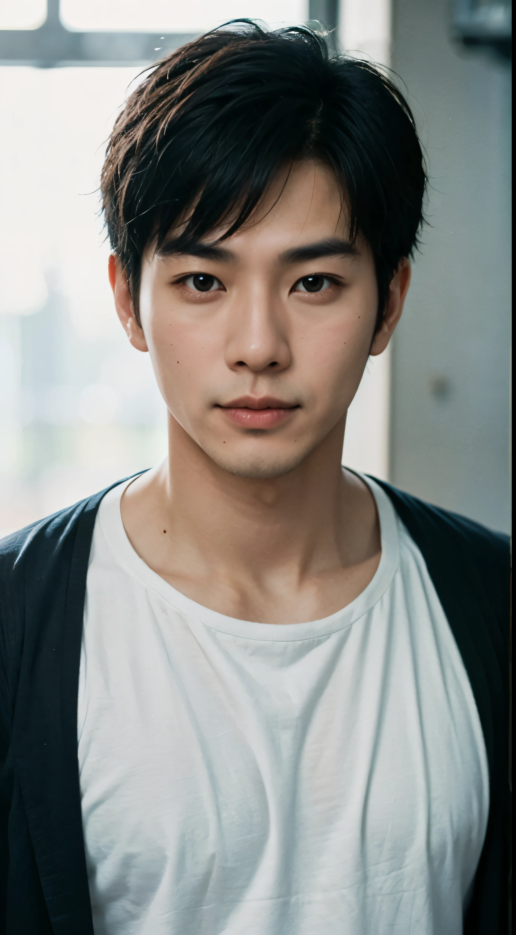 Portrait of a handsome Asian man 25 years old round face movie look, Above the chest