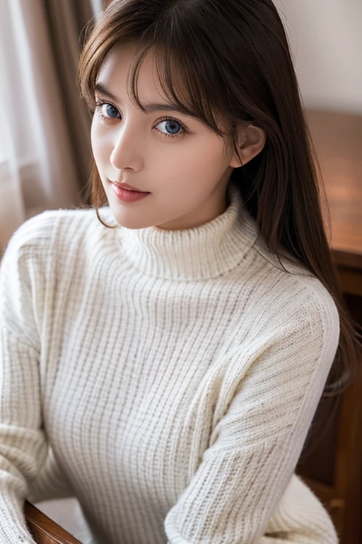 (table top:1.3, Photoreal:1.4, 8K), highest quality, masterpiece, 超A high resolution, perfect dynamic composition, Highly detailed skin and facial textures:1.3, detailed eye, Detail of limbs, cold winter, 1 girl, Cute sexy slim woman in her 20s, Fair skin, (A high neck sweater made of white long sleeve mohair knit that covers the neck., No skin exposed), short boots, (beautiful blue eyes, Eyes that feel beautiful eros:0.85), sexy face:0.4, (A taste that gives you a beautiful sense of eroticism:0.85), ((Too cute beauty:0.9))、Standing straight facing the front