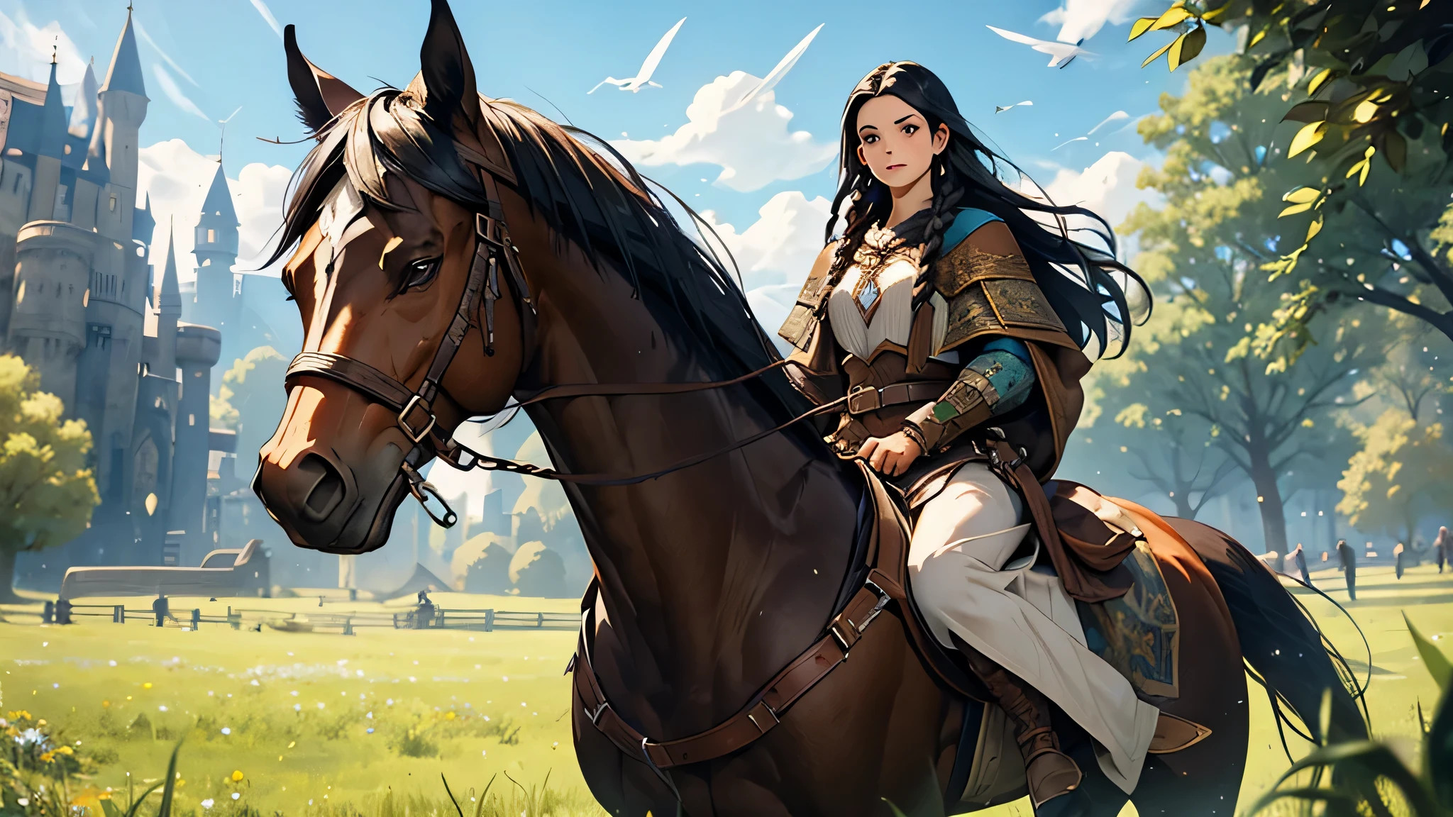 girl with long black hair and braided in a traveler's clothes rides a horse through meadow, fantasy medieval RPG, detailed face