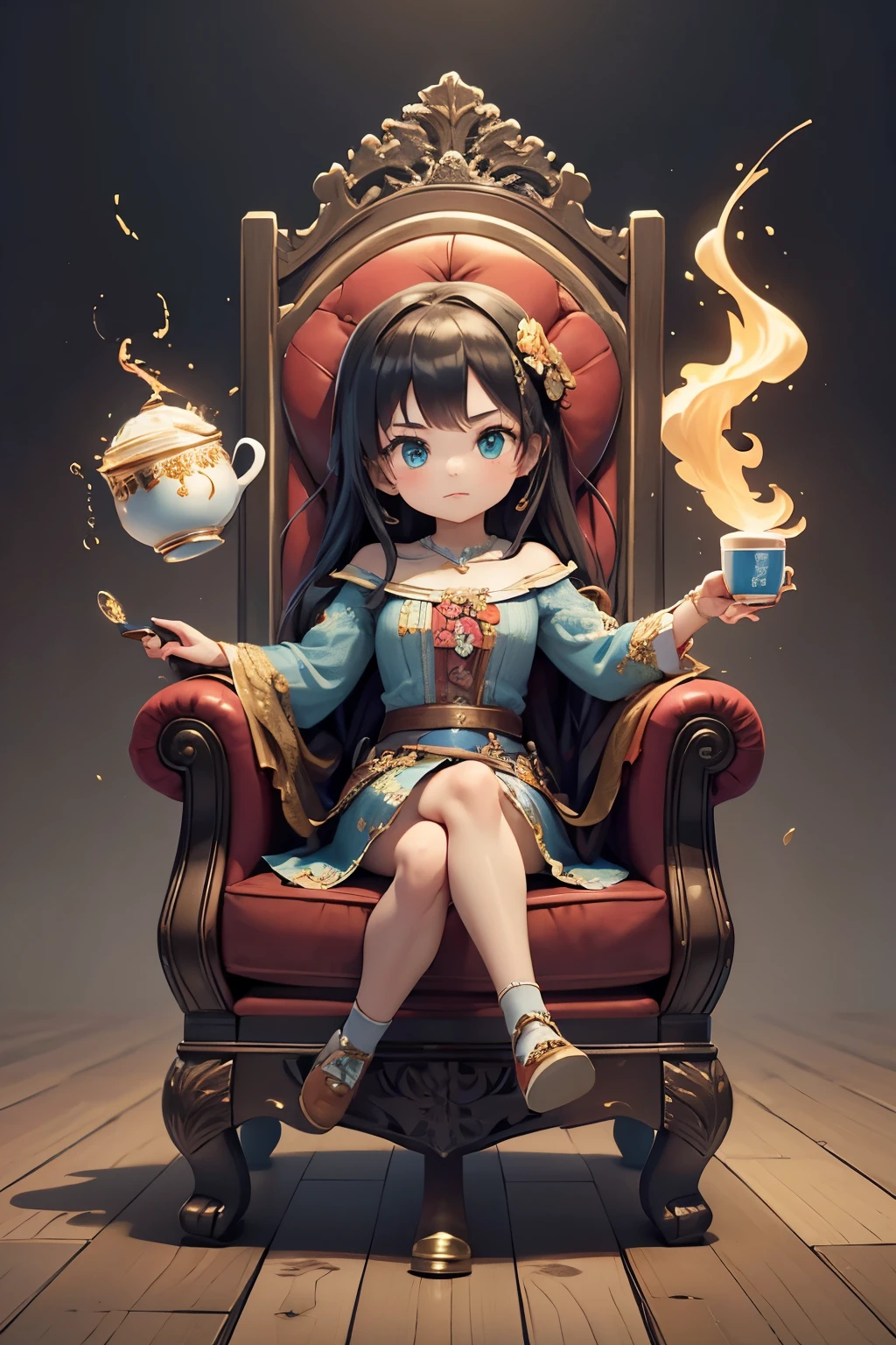 a beautiful girl is sitting in an armchair, holding a mug with tea inside.stylization,16K,hyperdetalization,poster