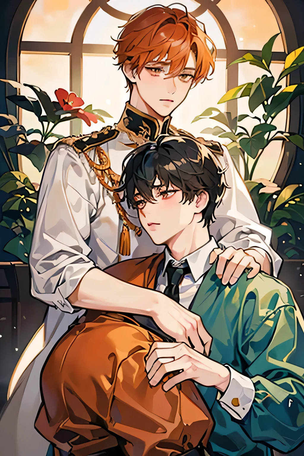 ((best quality)), ((masterpiece)), (detailed), perfect face, 2 boys, gay couple, one boy with dark black hair and dark brown eyes and is tall and handsome, looks fierce and bold, tsundere, very tall, hot and other boy has orange hair and orange eyes and is cute adorable and is bubbly and shorter, short height, , blushing looks like innocent and shy, they are in love, romance, gay couple, bl couple, yaoi, 4k ultra anime quality, anime ARTSTYLE, bl yaoi, hugging, 4k anime art style, cute, royalty, prince, royal family, soft facial expression